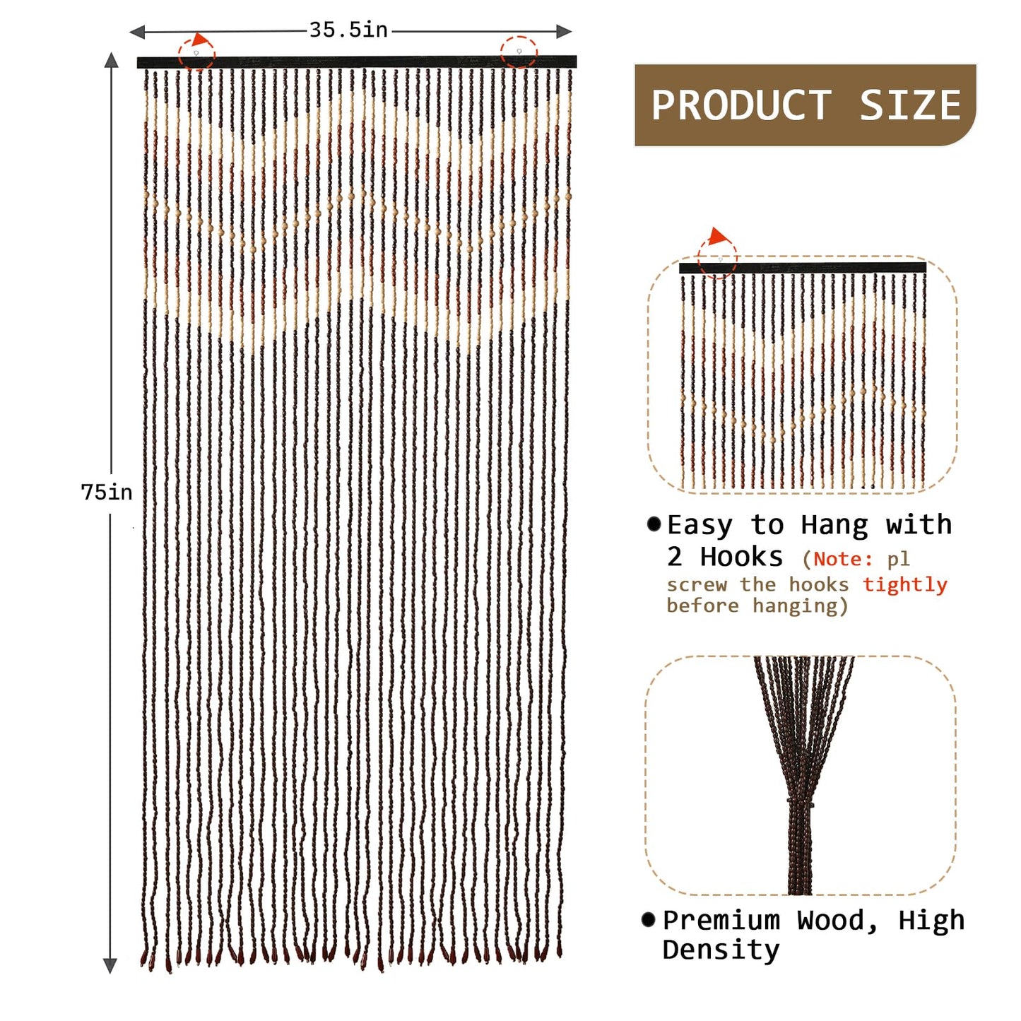 HYVAKUPPA 35.5" x 75" Boho Wood Bead Curtain for Doorways 40 Strands Door String Curtains Handmade Beaded Curtain Window Hanging Room Divider Wave Pattern for Home Decoration, Dark Brown