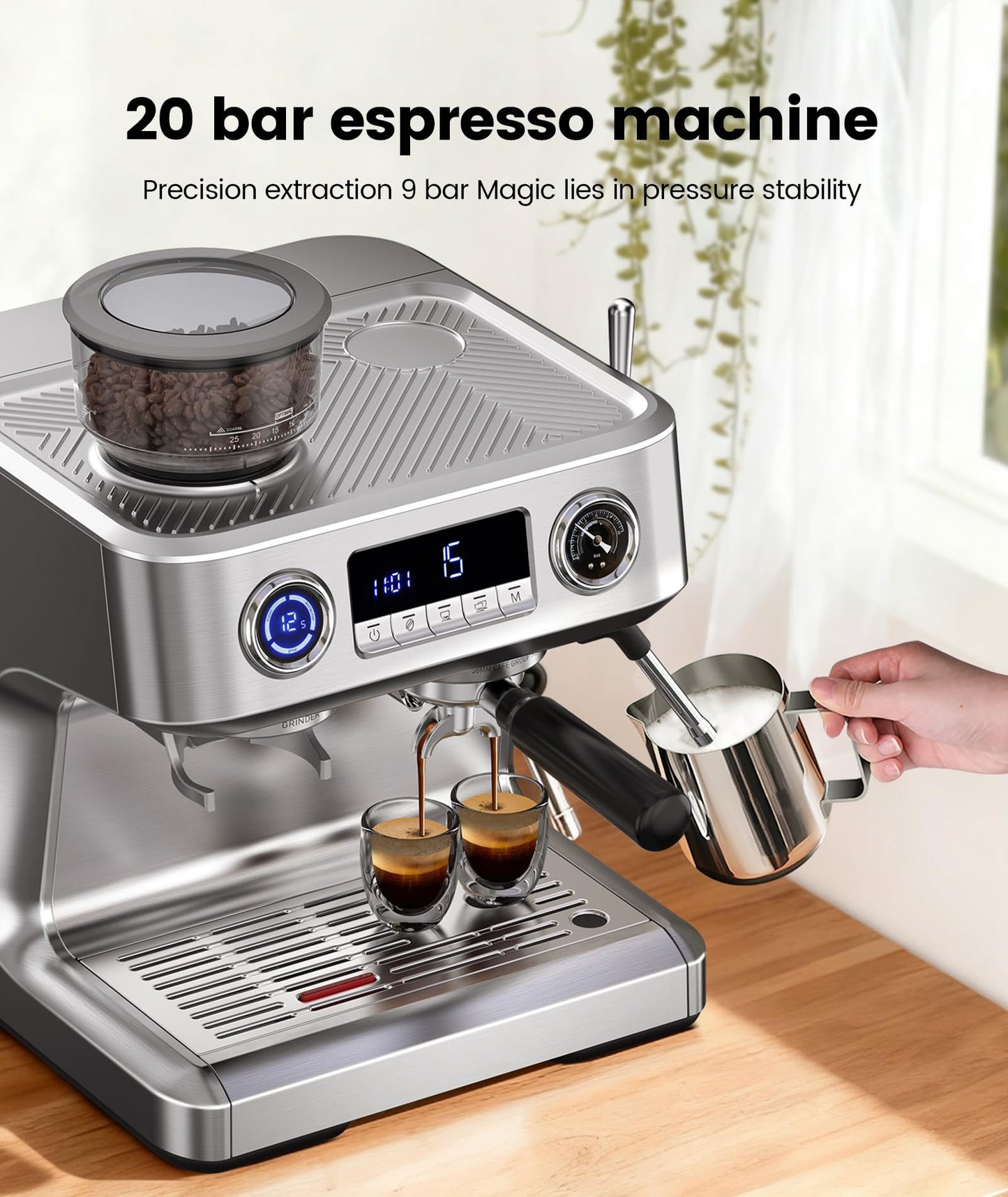 COWSAR Dual Boiler Espresso Machine with Grinder, 20 Bar Espresso Machines with Milk Frother, Espresso Maker with Removable Water Tank, Commercial Expresso Coffee Machines, Brushed Stainless Steel