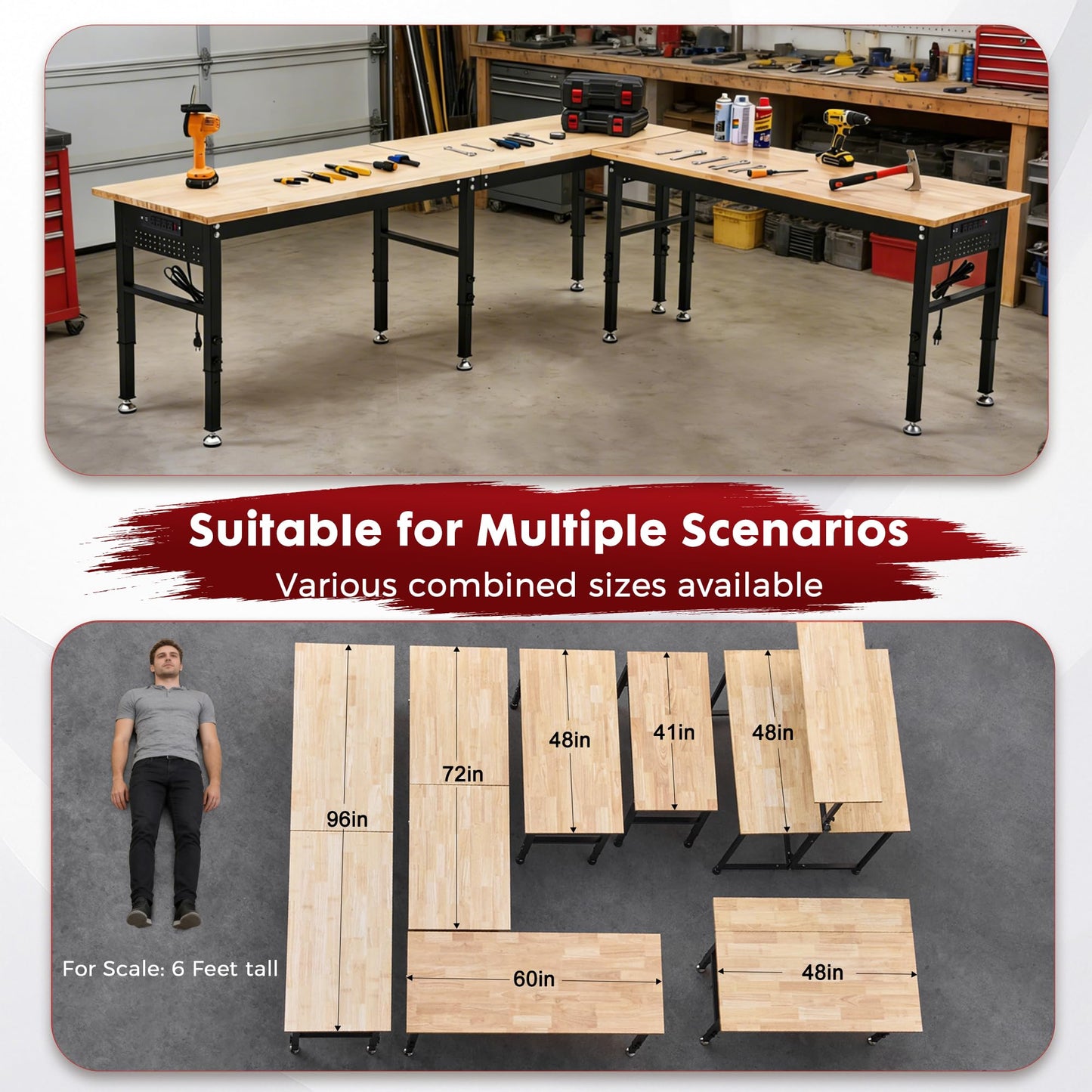 96" Adjustable Workbench with Rubberwood Top & Power Outlet, Large 96x24Inch 9-Level Height Range 27"-37", 5000 LBS Heavy Duty Capacity for Workshop, Office, Garage, Home
