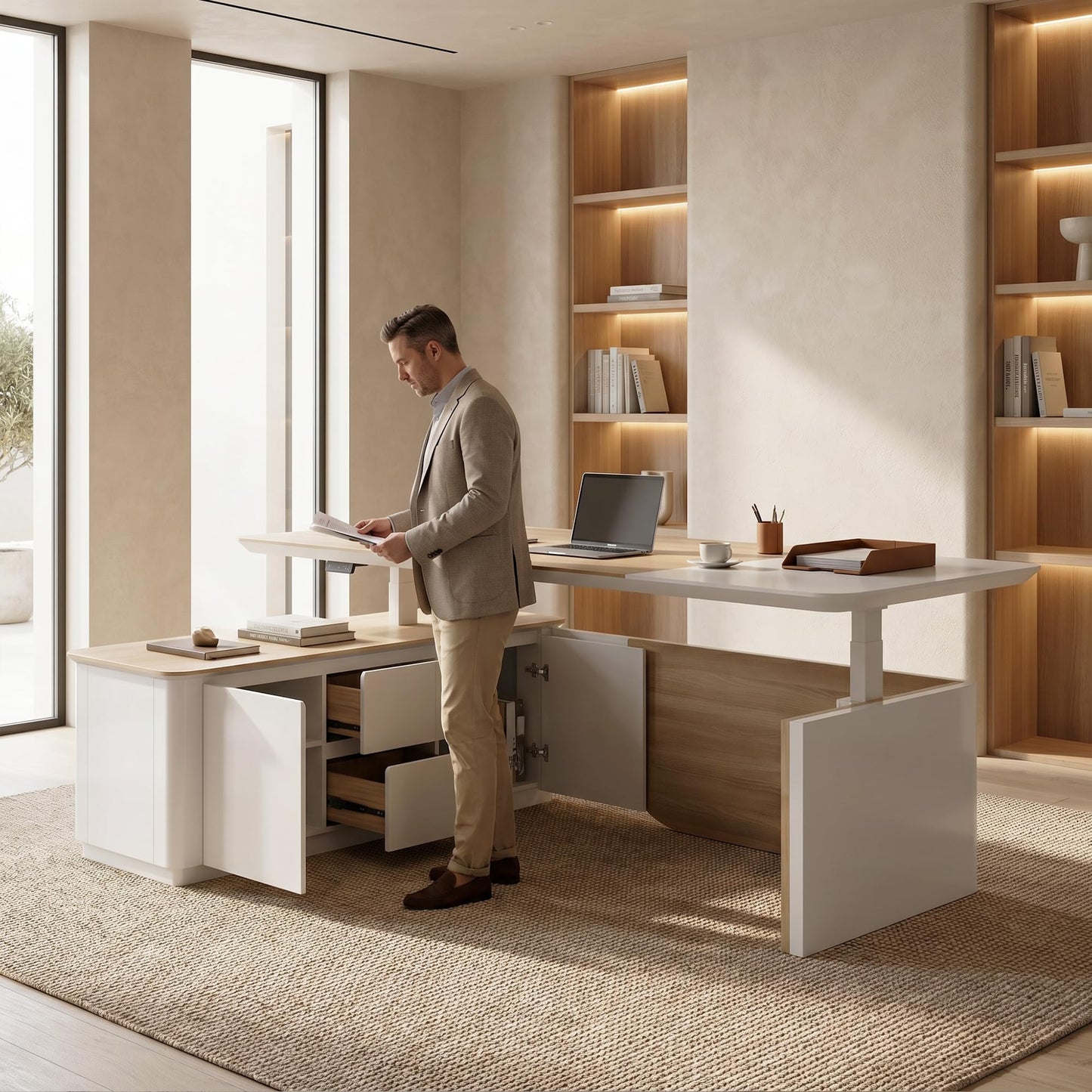 SAINTCY 86" L Shaped Standing Executive Desk with Drawers and Shelves,White Electric Adjustable Height Desk with Charging Station and Privacy Panel for Home and Office, Light Walnut