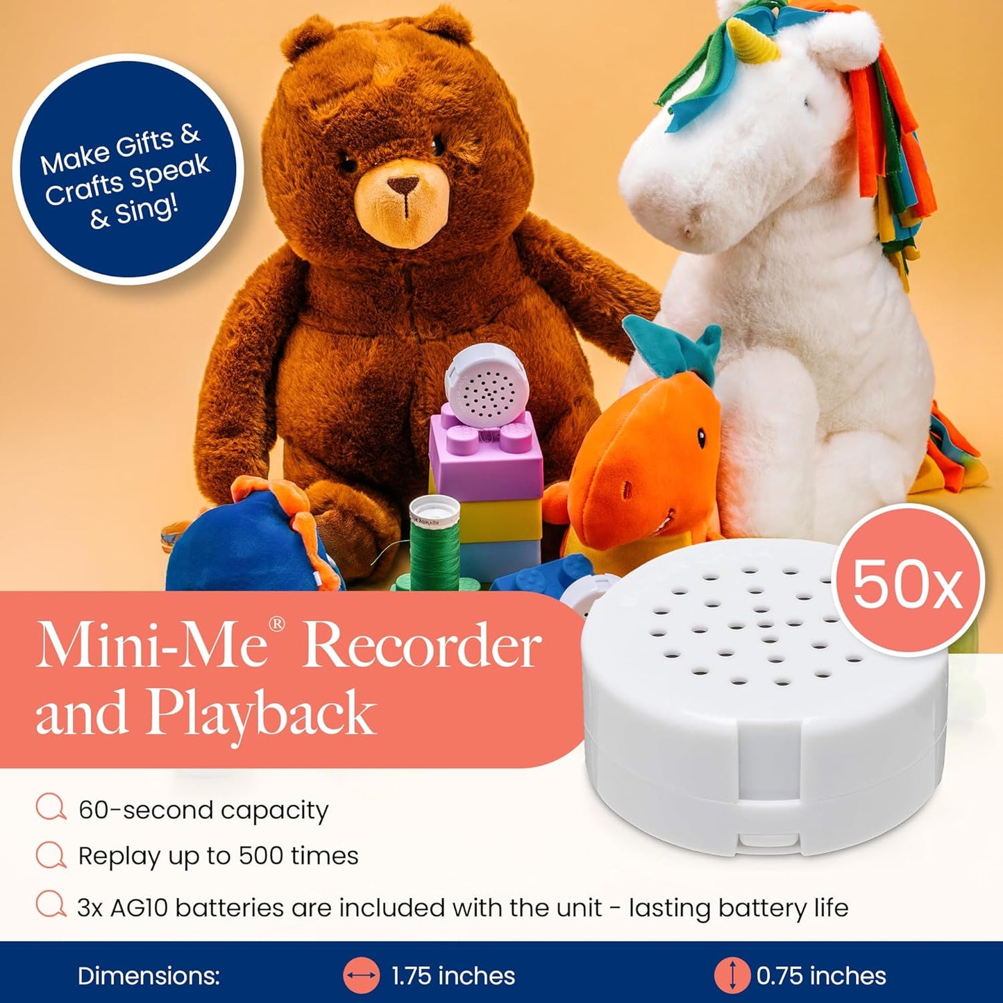 VOICEGIFT 60-Second 1-Pack Mini-Me, Multi-Message Audio Recorder for Plush Toys, Quilts, Pillow, Crafts, Playful Mini