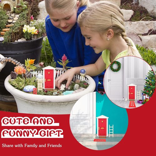 Christmas Elf Miniature Wooden Tooth Fairy Door Kit - Magical Red Fairy Door Set for DIY Room Decor | 18.5cm