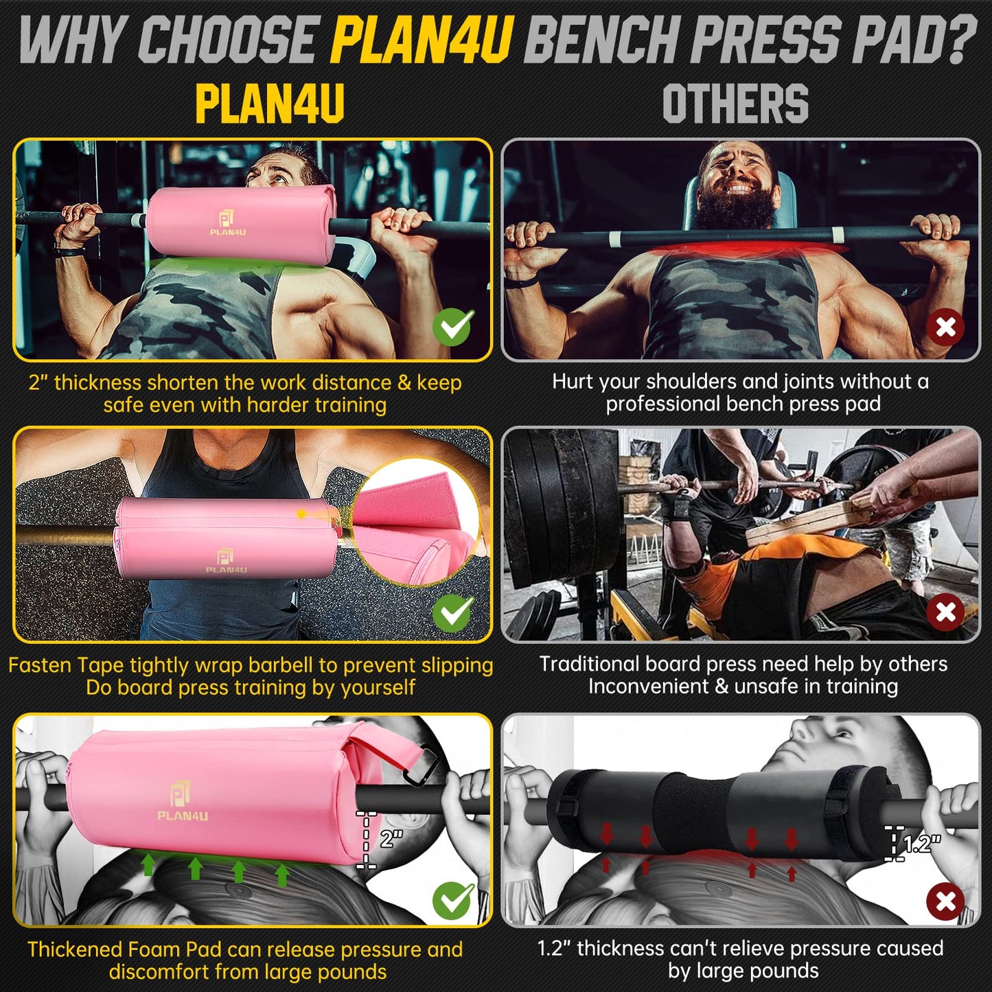 Plan4U Barbell Pad for Bench Press Hip Thrust Weightlifting, Upgraded Board Press with 2 inches Non-Slip Thickness Leather Foam Pad Fits Standard Olympic Bars for Powerlifting Bench Workout, Pink