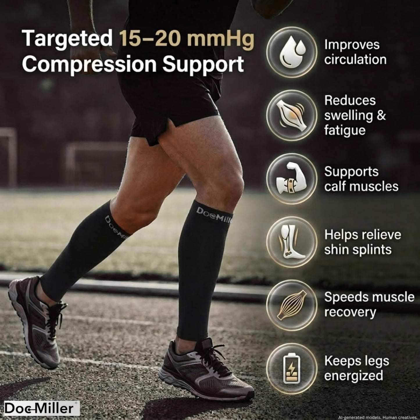Doc Miller Calf Compression Sleeve for Petite Women & Men, 15-20 mmHg, Footless Leg Sleeve Brace for Varicose Veins, Pregnancy, Running & Cycling, Knee-High, Shin Splints, Recovery, 1 Pair