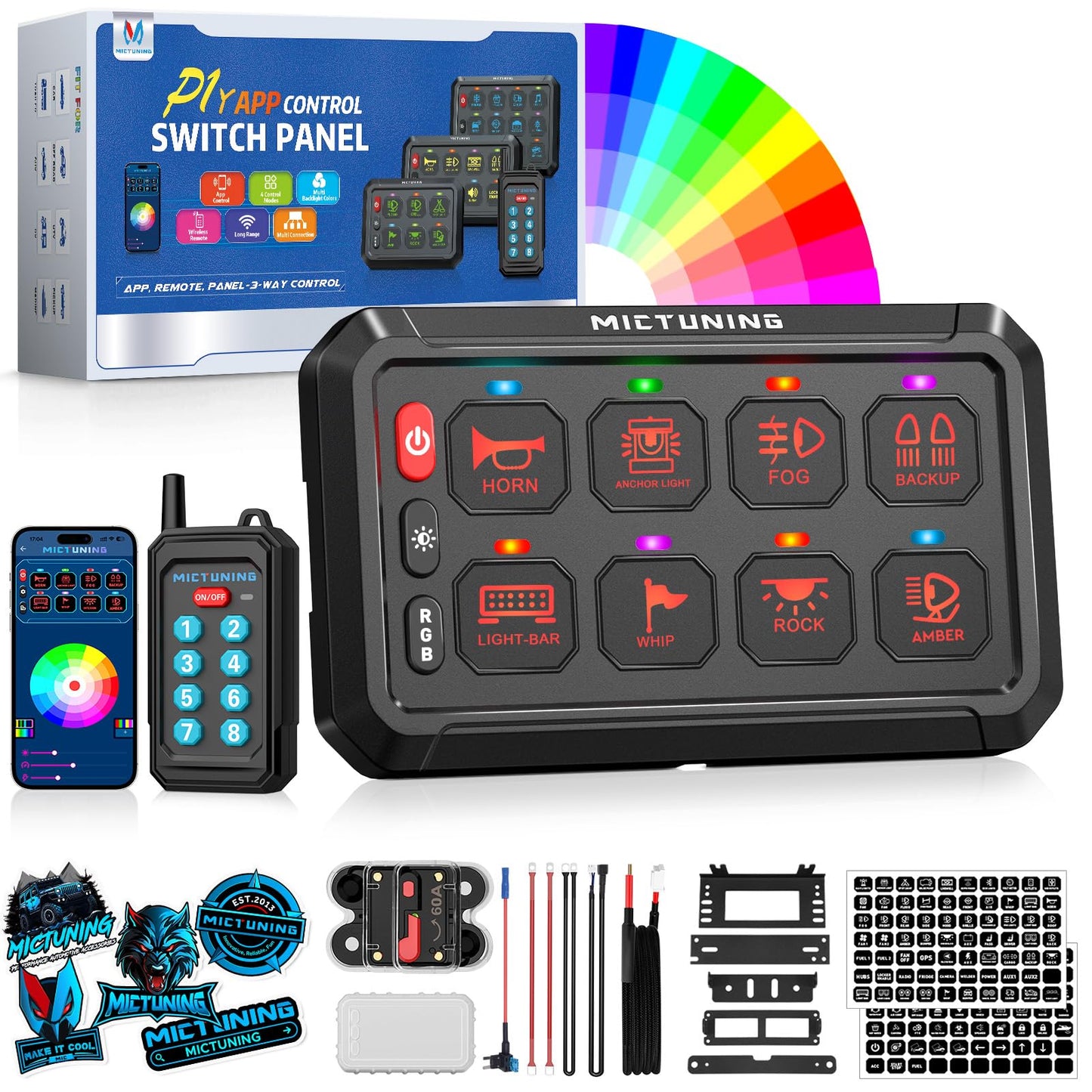 MICTUNING P1Y 8 Gang Switch Panel, Remote and APP Control, Up to 230FT, Adjustable Strobe Pulse Momentary, 6-Level Dimming, 12-24V Waterproof Multifunction Toggle Switch for Car Boat RV Truck Offroad