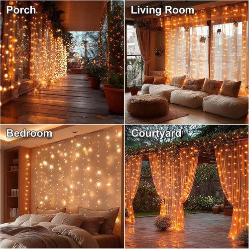 HXWEIYE 300LED Fairy Curtain Lights - 9.8x9.8Ft USB Plug-In with 8 Modes & Remote | Orange Indoor Decor
