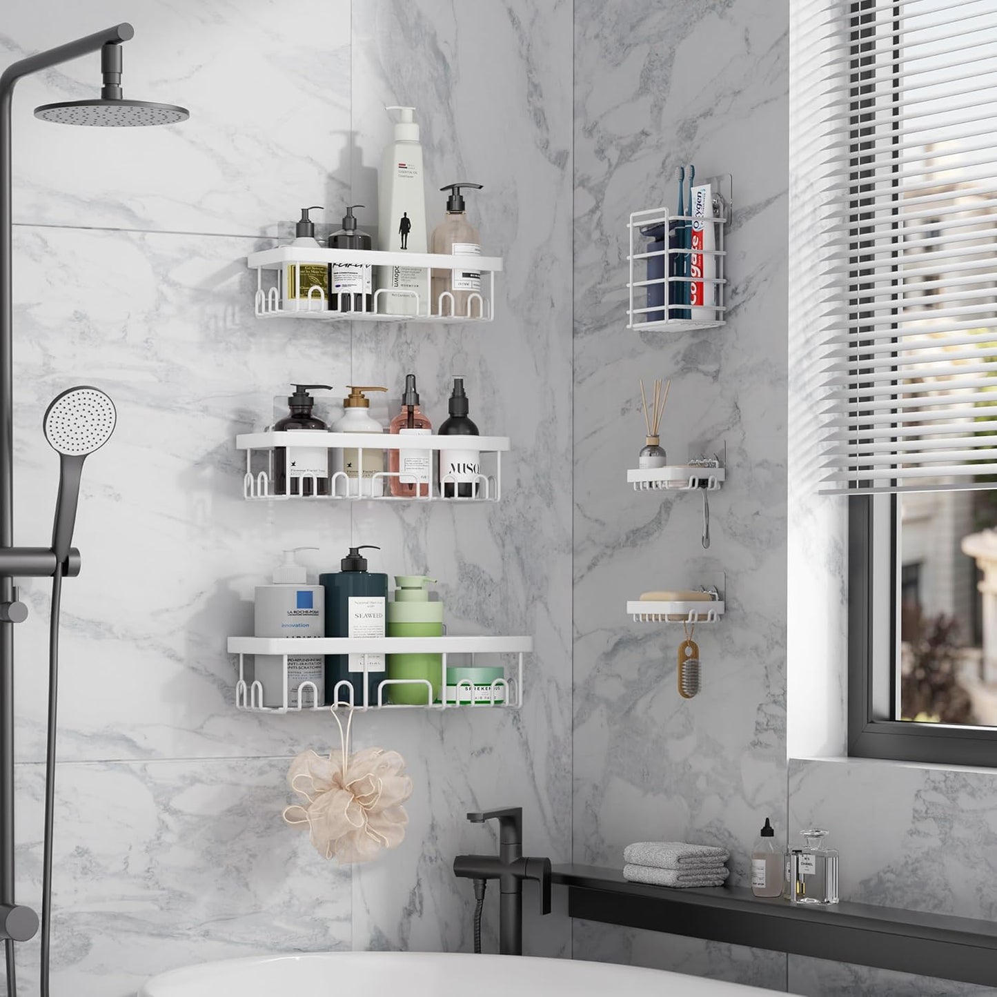 Veken Shower Caddy - 6-Pack Rustproof & Waterproof Adhesive Shelves | Large Bathroom Organizer in White