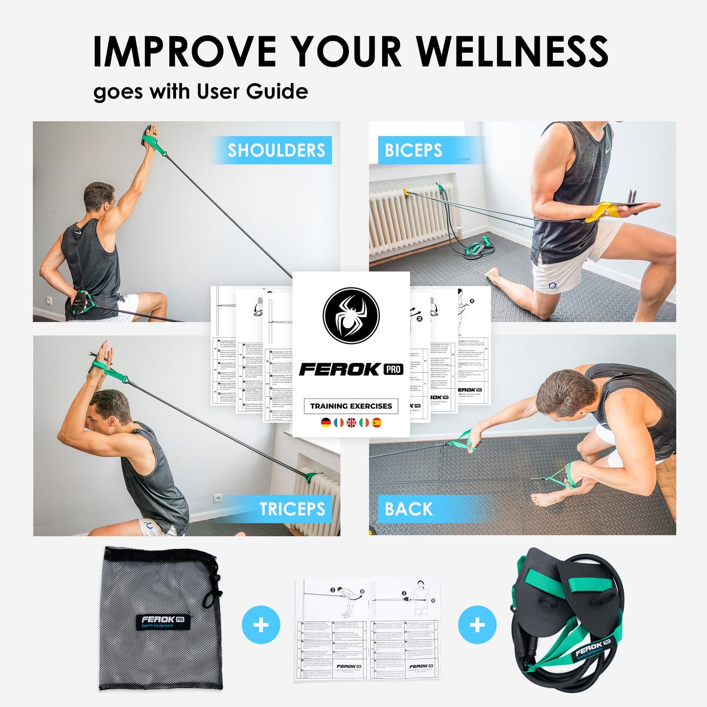Ferok Pro - Swimming Resistance Band with Hand Paddles, Stretch Cord, Fitness Bands for Swimming, Training Equipment, Arm Strength Exercise, Powercord - Including Exercises - Medium Green