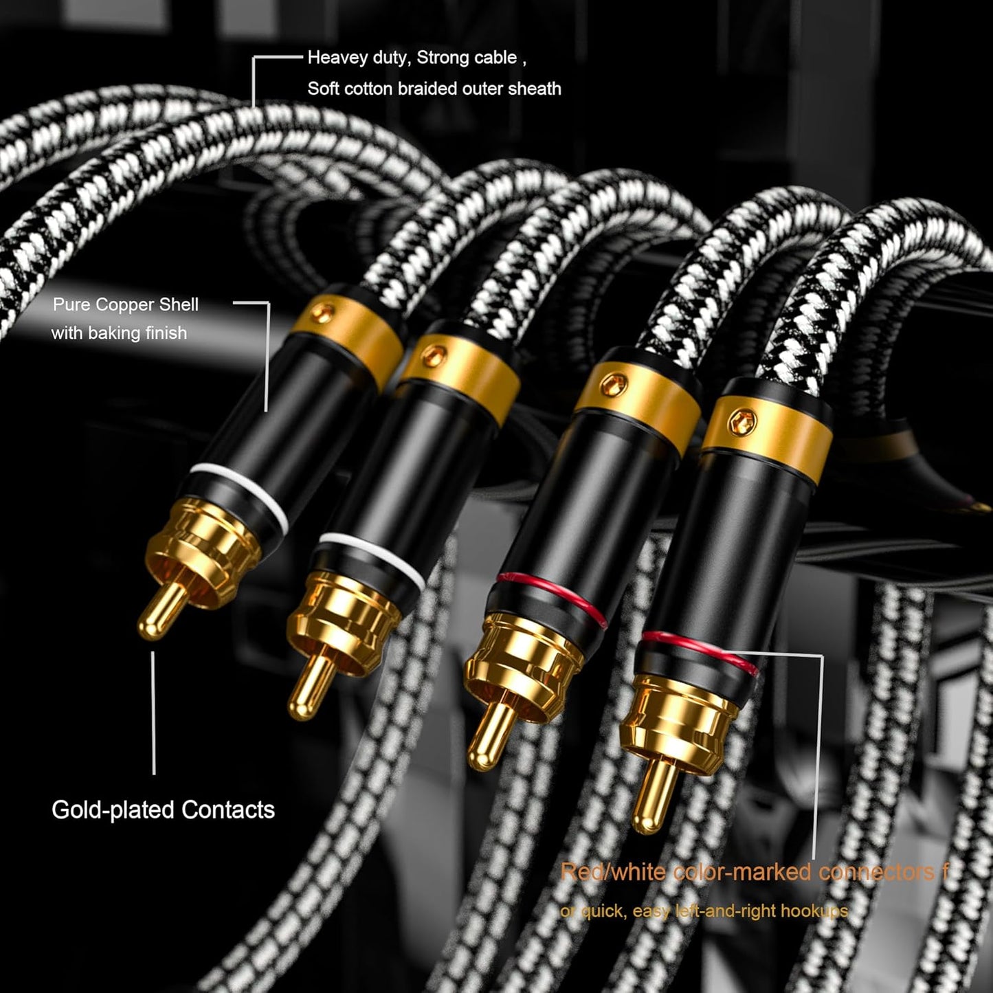Veimeitk 2 2 24K (3.2FT/1m) RCA to RCA Audio Cable Silvered-Plated OFC Core Gold-Plated Pure Copper Shell Braided