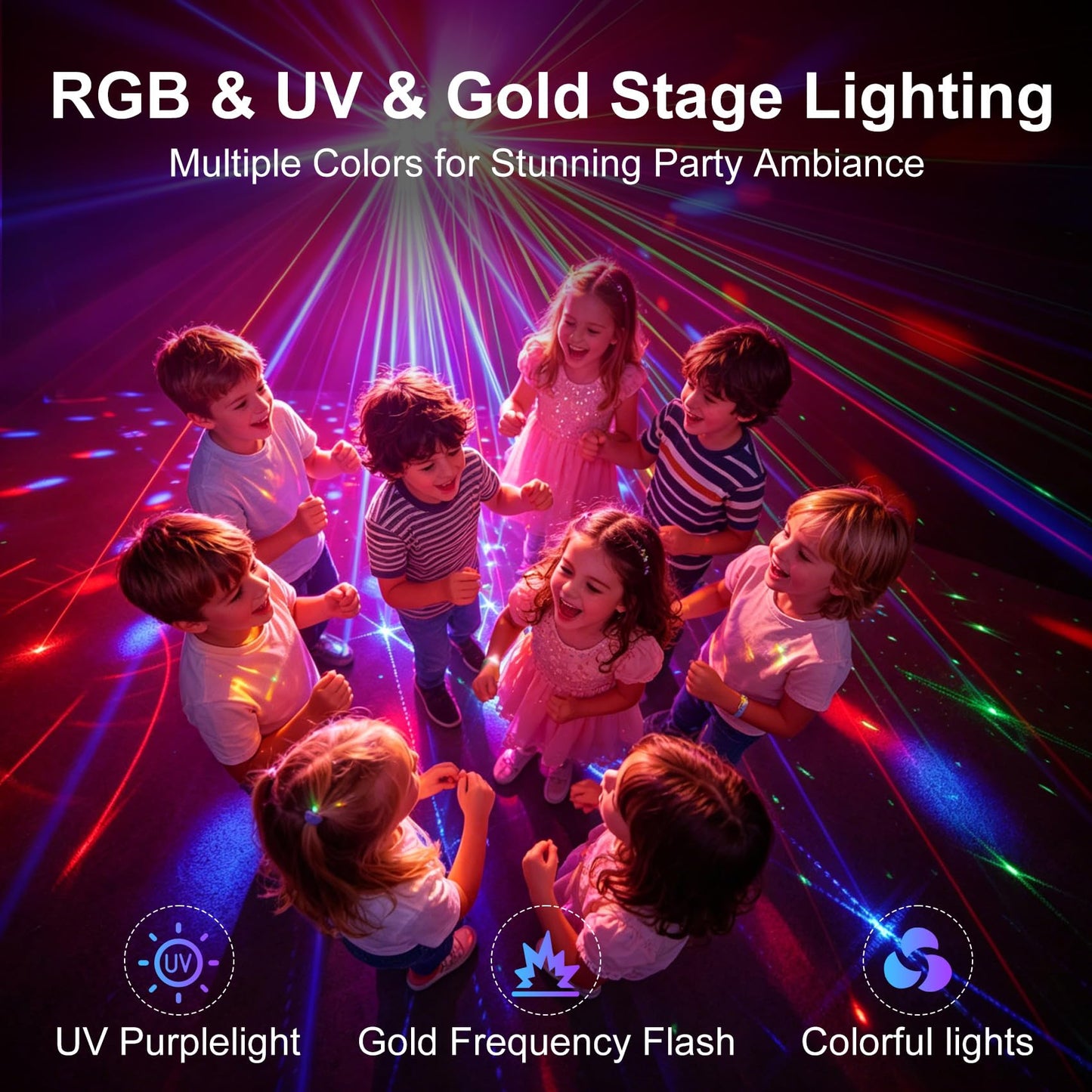 6-in-1 DJ Party Lights, DMX512 & Music Sync Stage Light, Multi-Effect Disco Ball Light with RGB Pattern, UV Black Light & Golden Strobe, Indoor LED Lighting for KTV, Bar, Club and Daily Gathering