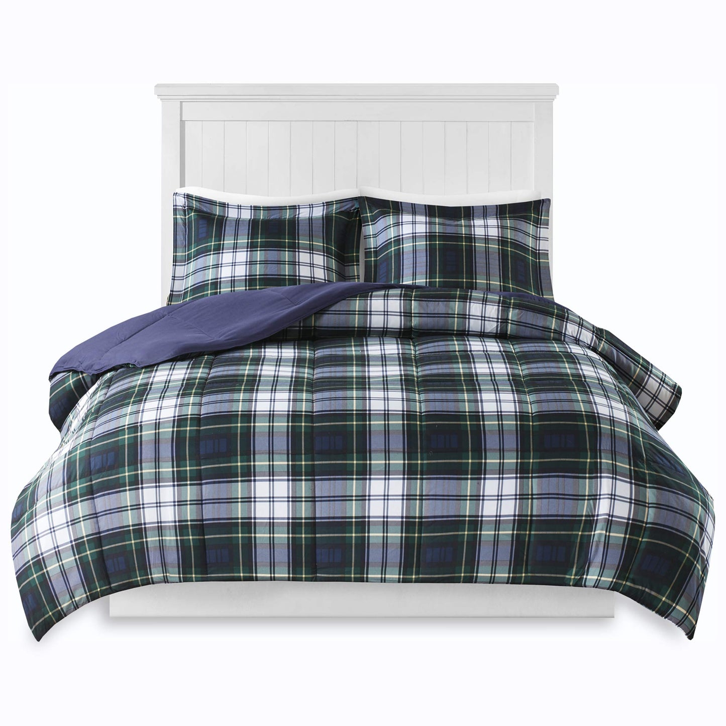 Madison Park Essentials Parkston Plaid Comforter Set Soft Brushed Microfiber College Bedding, 3M Scotchguard Stain Release Cover, Modern All Season Cabin Bedding, Full/Queen, Navy, 3 Piece