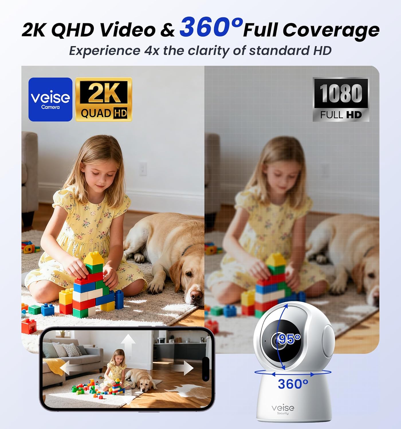 Veise 2K 360 2-Way 2.4GHz Indoor Camera for Home Security, Wireless WiFi Pet & Baby Monitor with Phone App, AI Motion