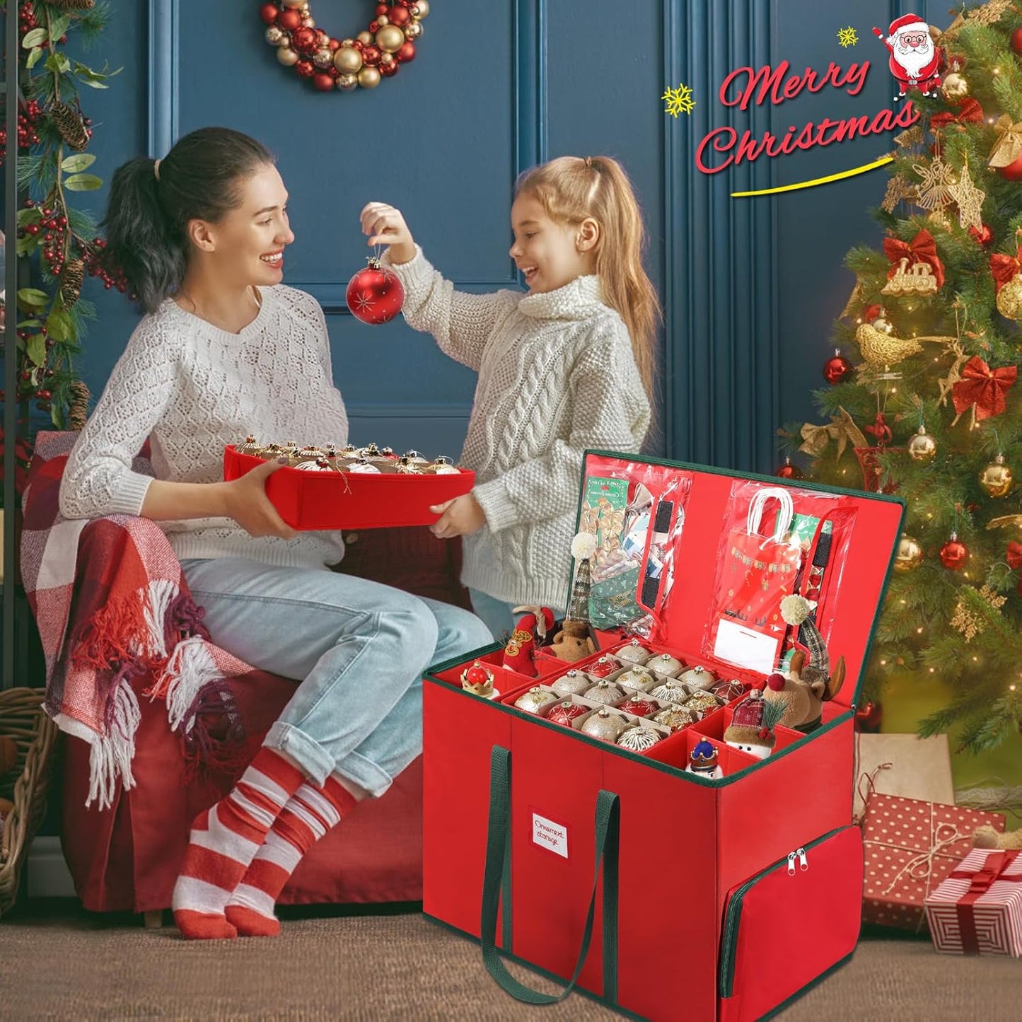 Skiennix Premium 2-in-1 Christmas Ornament Storage Box - Adjustable Dividers & 5 Trays for 73 Ornaments