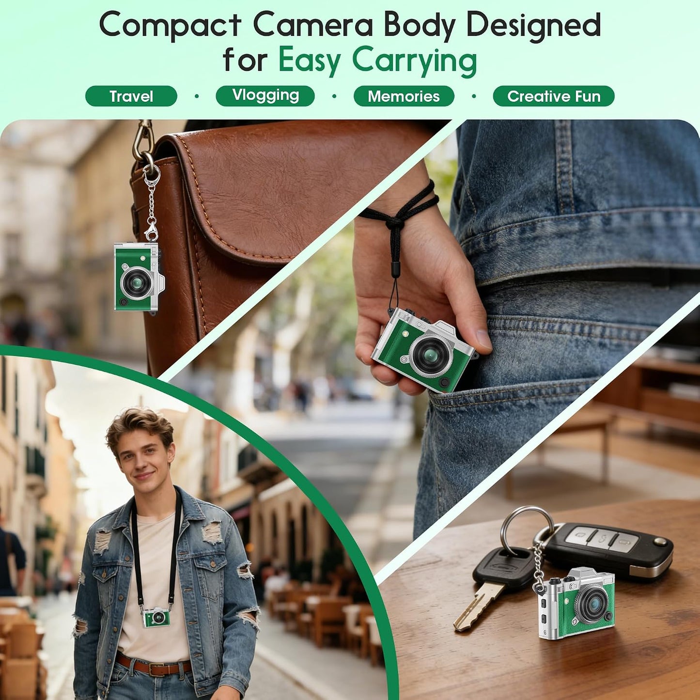 Dienspeak Y2K 2K 16GB Pocket Mini Camera, Retro Keychain Digital Camera with Leather Body, Small Portable HD Video