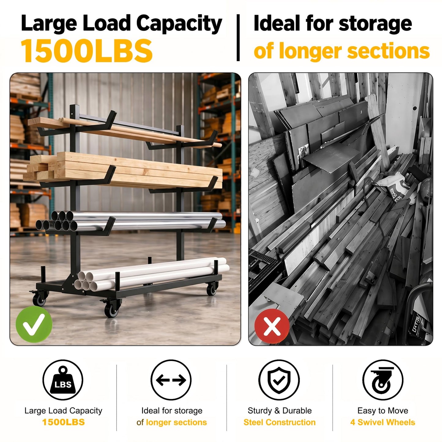 BUYYAH Mobile Conduit Lumber & Pipe Rack, Heavy Duty Alloy Steel Storage Rack with 6 Casters (4 Swivel & 2 Fixed), 1000 LB Capacity, 4.3ft x 2.2ft x 4ft