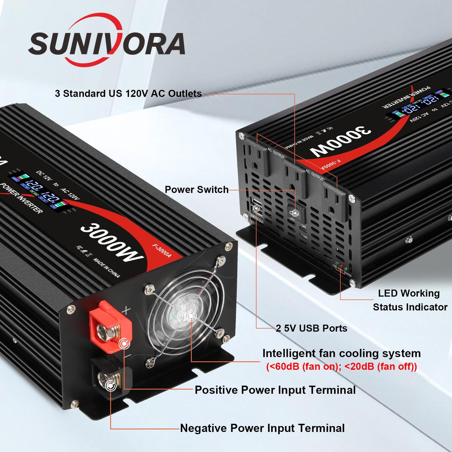 3000 Watt Power Inverter 12V DC to 110V/120V AC Converter 6000W Peak with LCD Display, 3 AC Outlets & 2 USB Ports Power Inverters for Vehicles Car Truck Boat RV Camping Solar System EPS