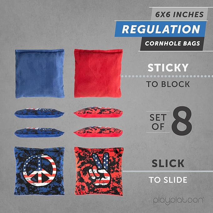 Professional Cornhole Bags - Set of 8 Regulation All Weather Double Sided - Sticky Side/Slick Side Bean Bags for Pro Corn Hole Game