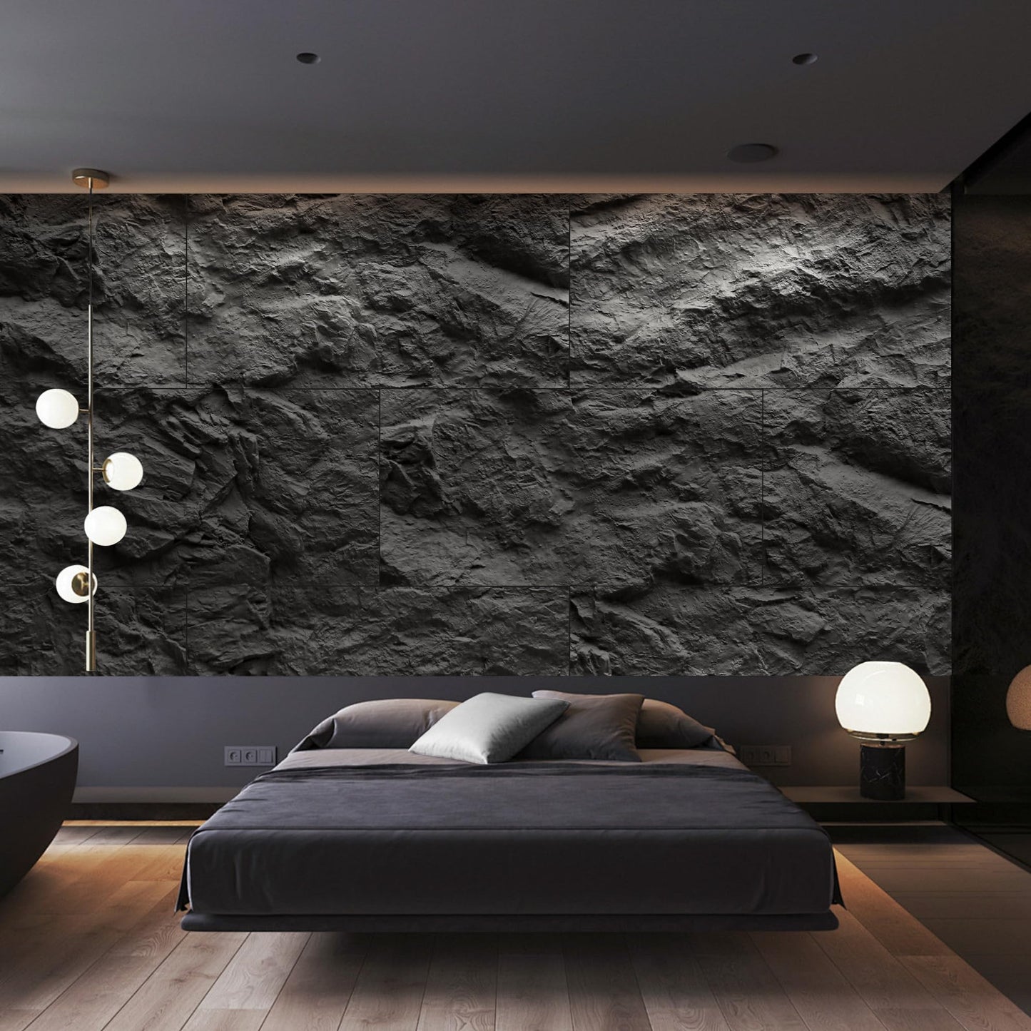 KASARO 3D Faux Stone Wall Panels, 4 PCS PU Wainscoting Panel for Interior Wall Decor, Cement Texture Thicker Accent for Home, Office, 43.3 × 23.6 inch, Black
