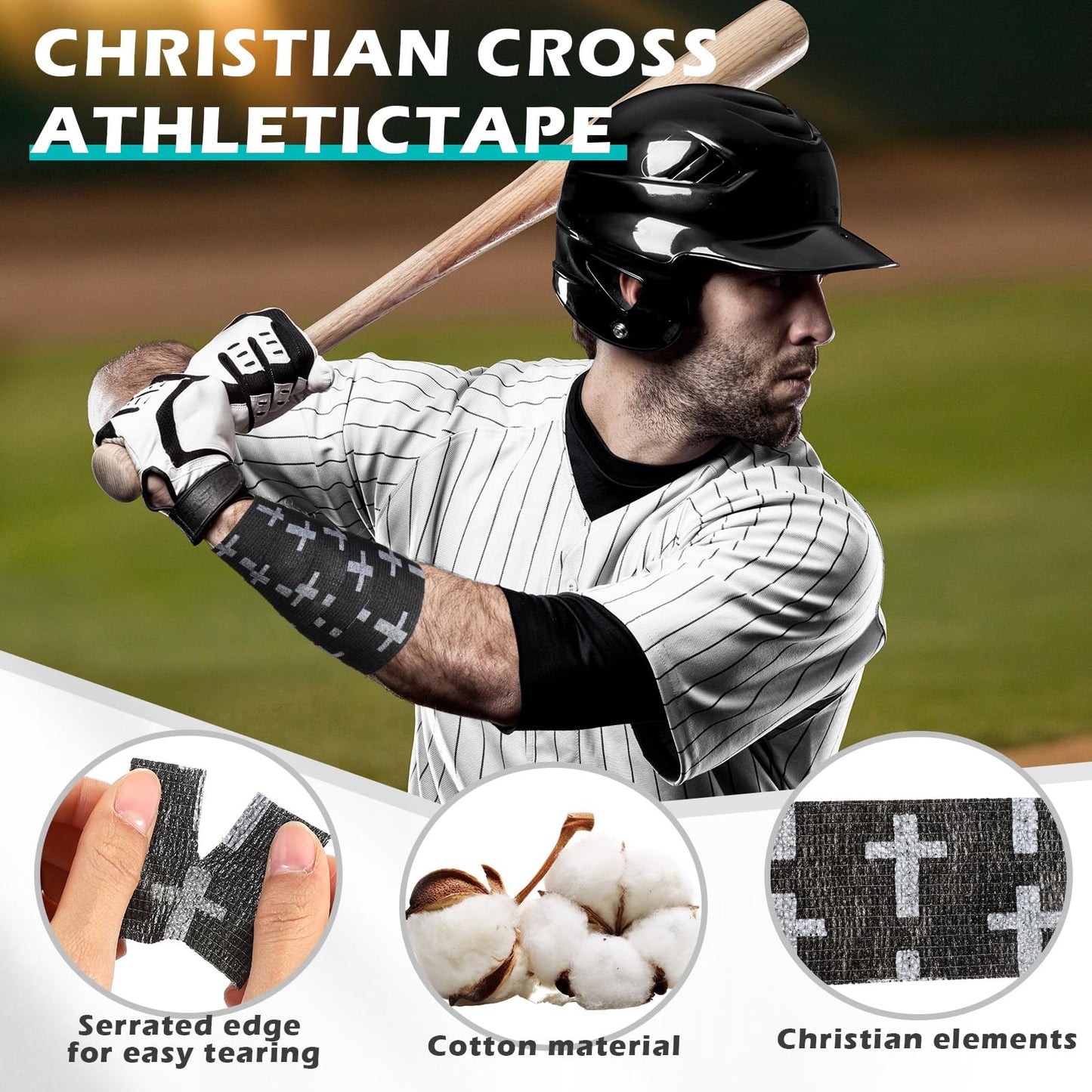 TrelaCo 2 Pcs Cross Tape Christian Athletic Tape 2IN X 15FT Elastic Wrist Wrap for Baseball Soccer Football Gymnastic Non Woven Jesus Self Adhesive Bandage Sport Bandage Wrap for Wrist, Feet (Black)