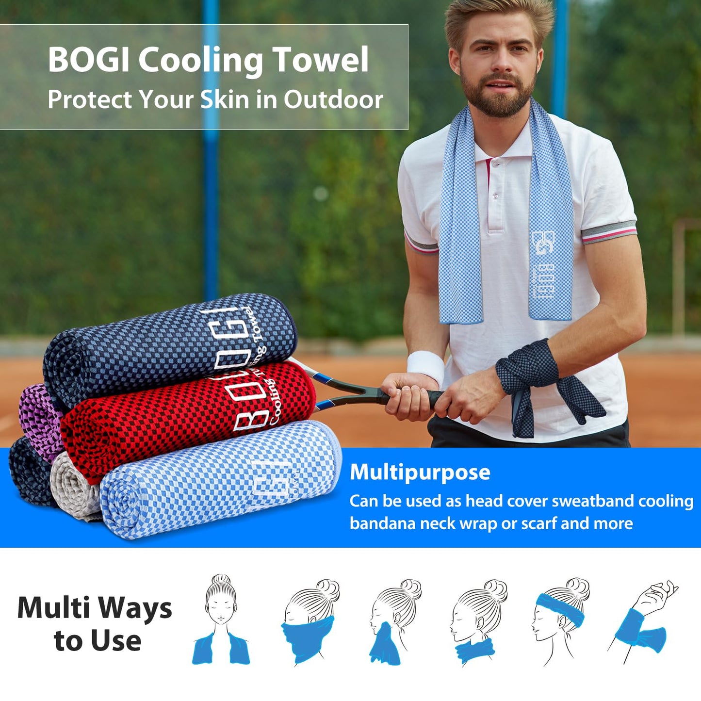 BOGI Cooling Towel 2 Pack, Cooling Towels for Neck and Face, 40"x12" Ice Towel for Instant Cooling Soft Breathable Chilly Towel for Yoga Golf Gym Camping Running Workout & More Activities (NBlue2)