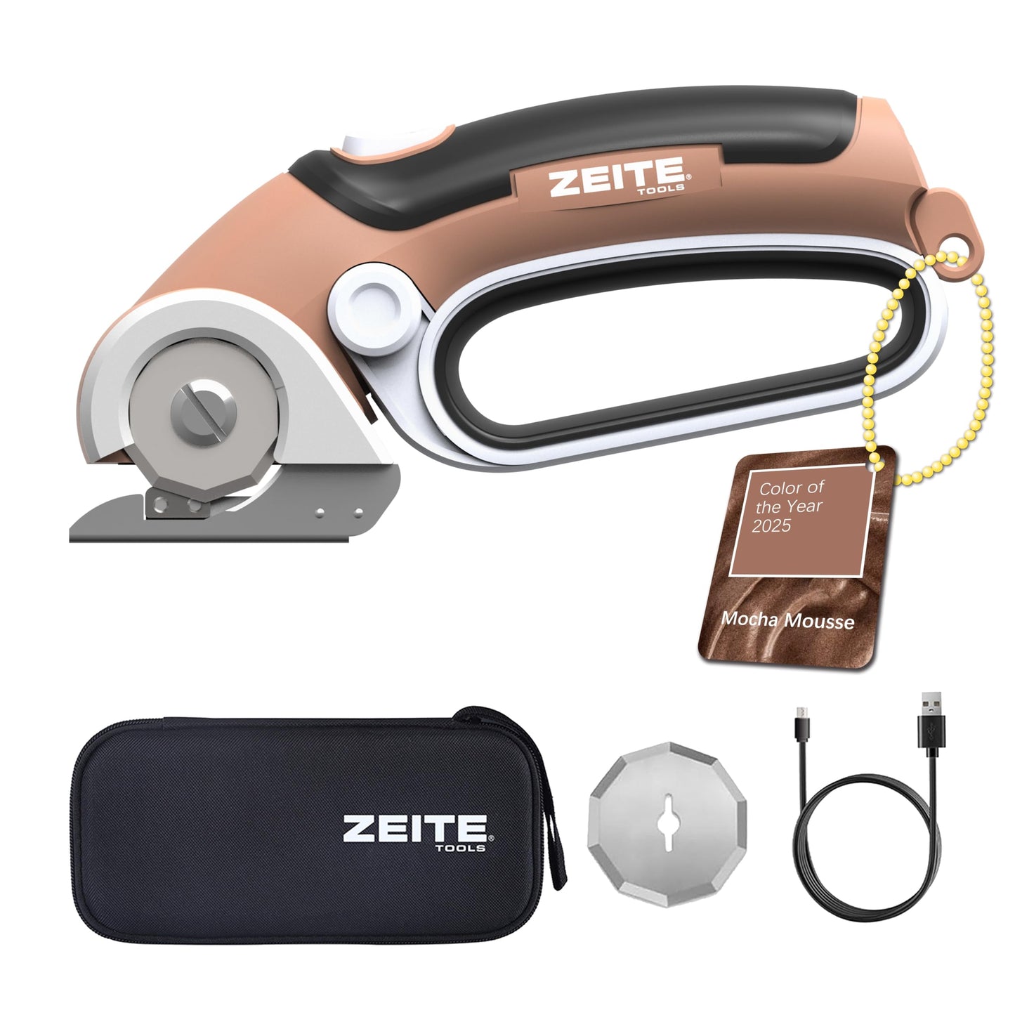 ZEITE 4V Cordless Electric Scissors Cardboard Cutter with 2 Blades,Storage Case,Rotary Cutter for Box Plastic Carpet Fabric, Easy to Hold and Safe,Mocha