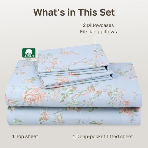 California Design Den King Size Bed Sheets Set - 400 TC Soft Cotton, Smooth Sateen Finish, Deep Pockets - Floral Blue/Pink
