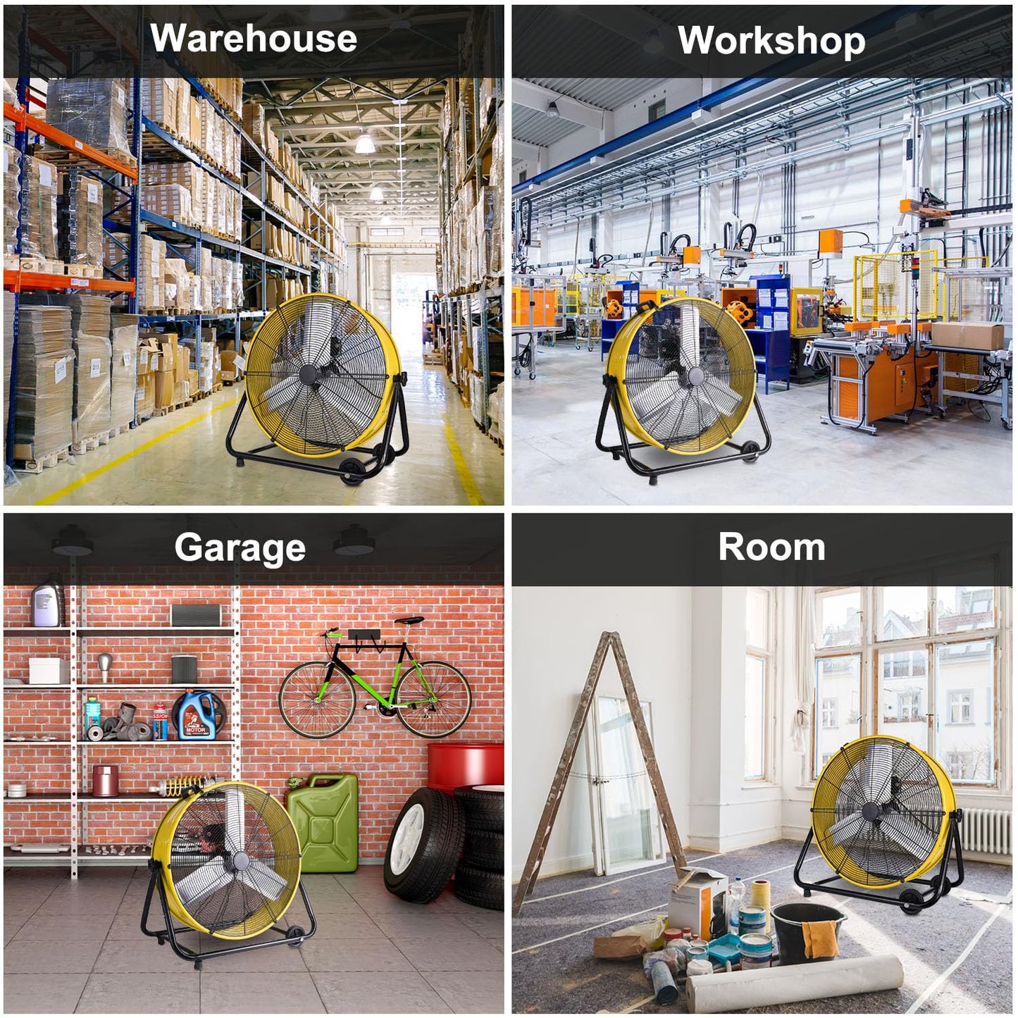 WARMLREC 24" Industrial Floor Fan, 8900 CFM High Velocity Drum Fan with 3 Speeds, Portable Heavy Duty Industrial Fan for Warehouse, Workshop, Factory, Commercial, Residential and Greenhouse Yellow