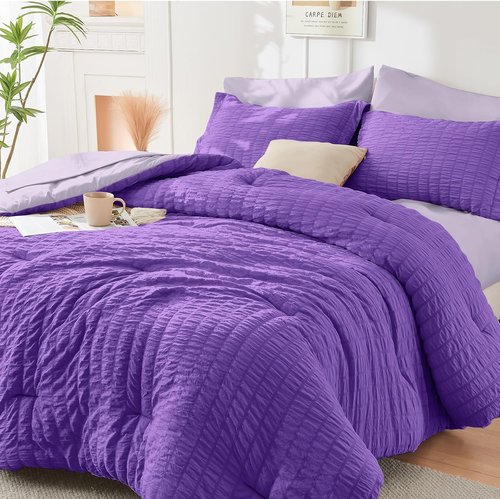 HYMOKEGE Queen Comforter Set - Dark Purple & Lavender Seersucker | 7-Piece All-Season Luxury Bedding Set