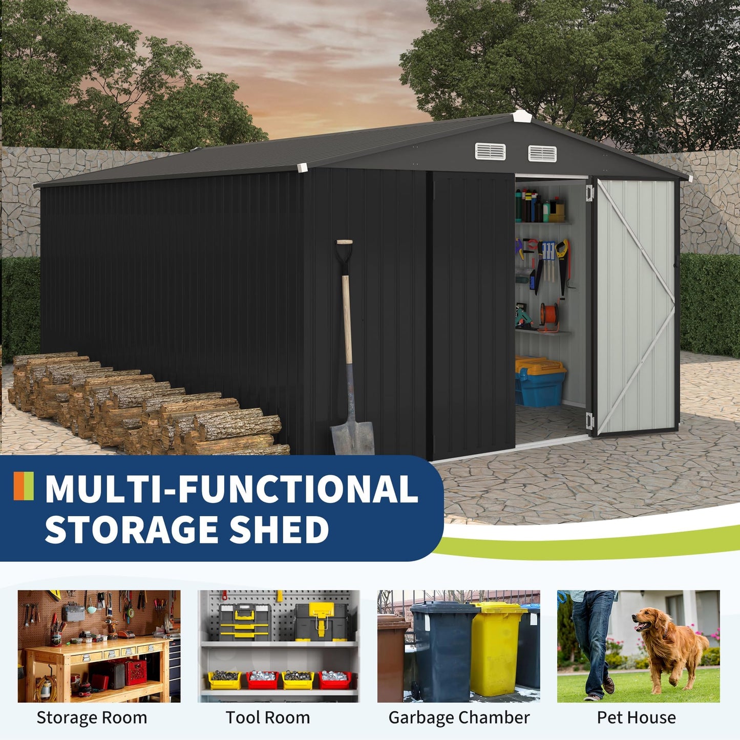 10x14 FT Outdoor Storage Shed, Weatherproof Outdoor Metal Storage Shed, Galvanized Steel Garden Shed with Lockable Doors & Vents, Heavy Duty Sheds & Outdoor Storage for Backyard Lawn Equipment and Bik