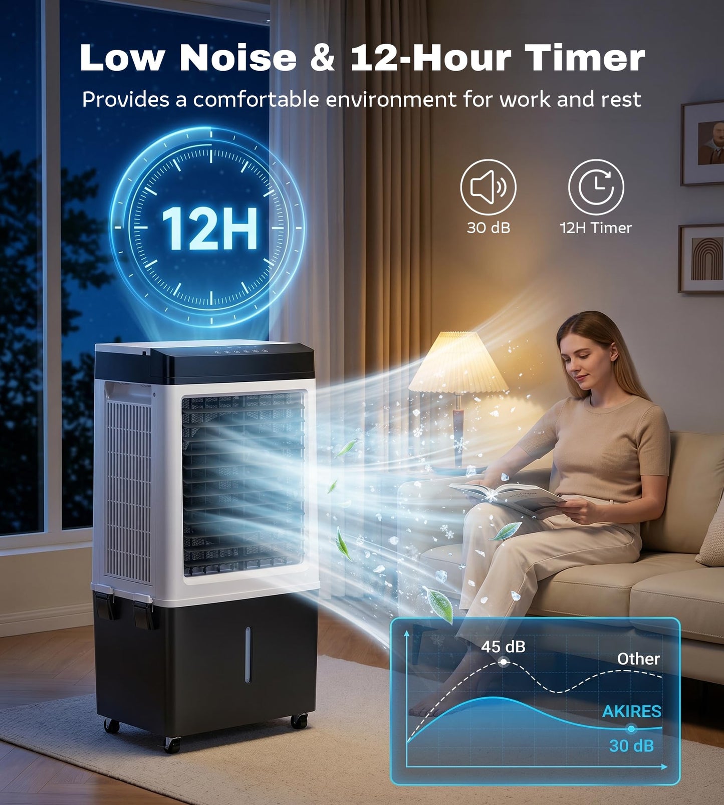 AKIRES 2200CFM Swamp Cooler,Evaporative Air Cooler with 8.0-Gal Water Tank, 4 Ice Packs, Portable Air Conditioners with Remote Control,12H Timer,Evaporative Cooler for Indoor,Outdoor Use (40IN)