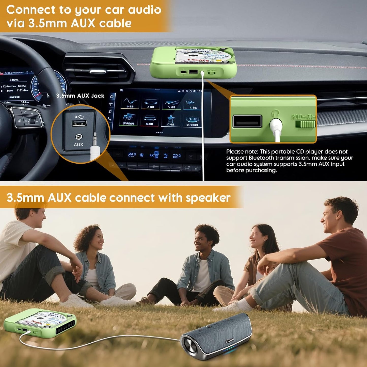 SKYANS Portable CD Player with Bluetooth, Rechargeable CD Player for Home/Car, Built-in HiFi Speakers, Headphones, LCD