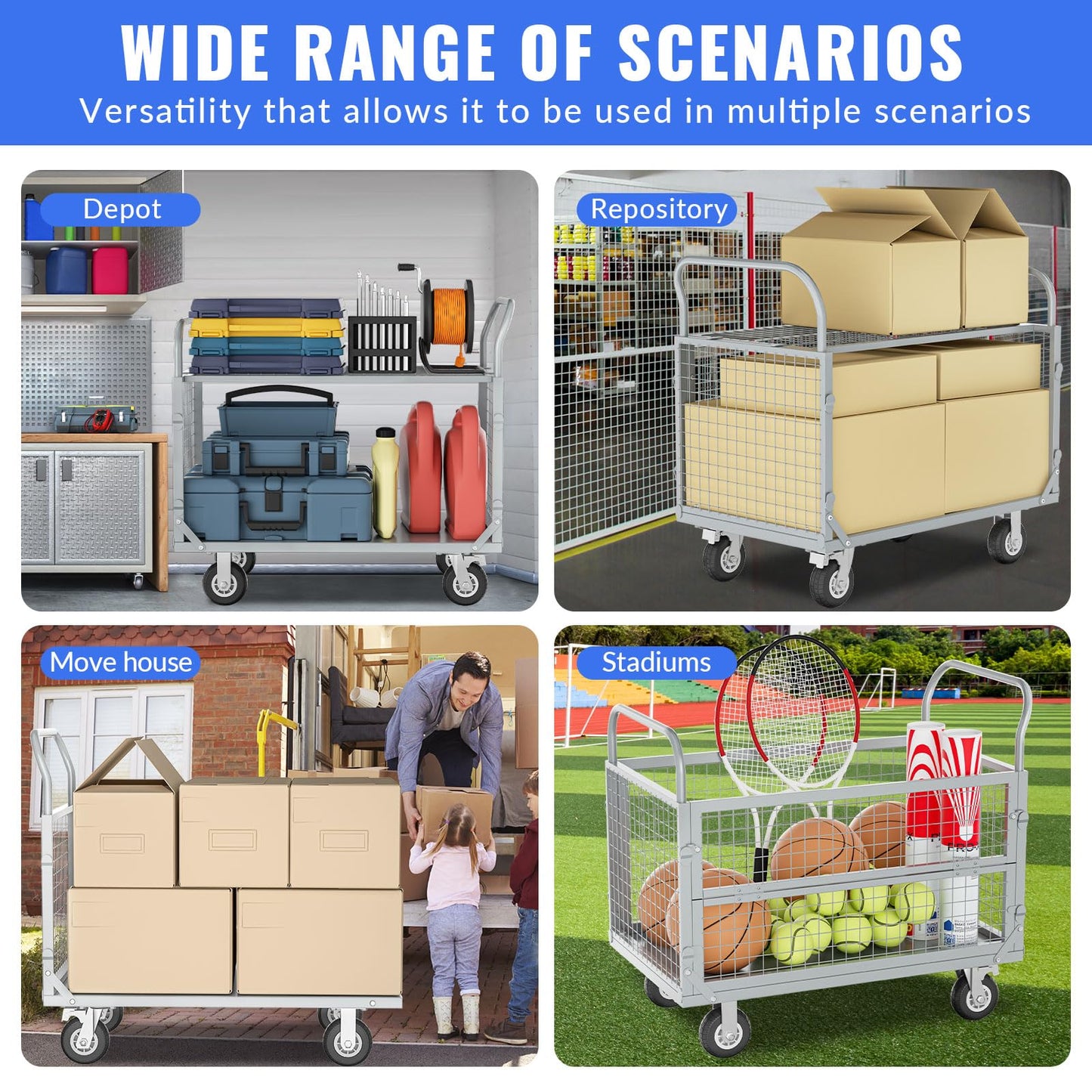 Platform Truck Cart with Cage, Multipurpose 5 in1Foldable Hand Truck, Heavy Duty Flatbed Cart, Load 2500LB with 4 Swivel Casters, Multi-Functional Push Cart for Grocery, Laundry, Shelving, Pantry