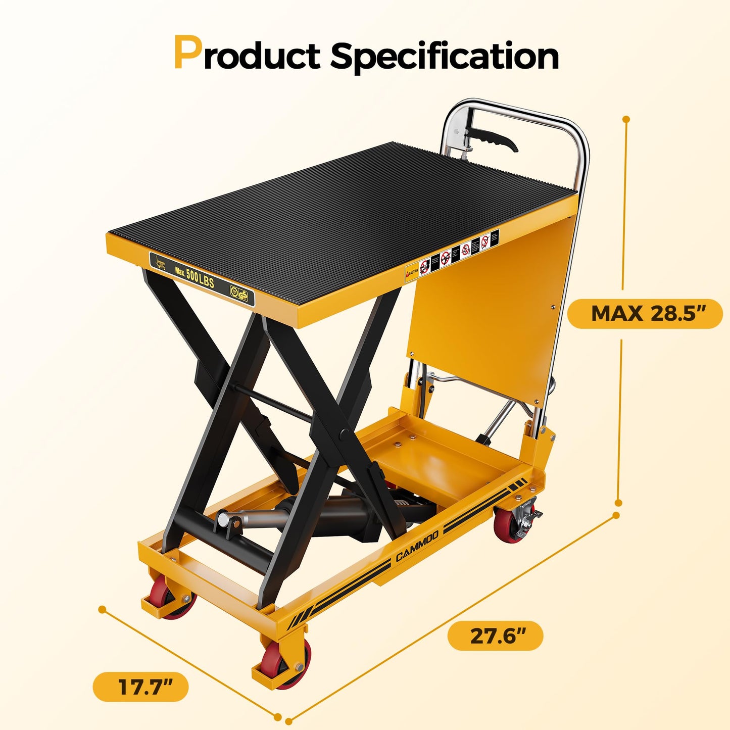 CAMMOO Foldable Hydraulic Lift Table Cart, 500lbs Capacity, 28.5" Lifting Height, Single Scissor Lift with Non-Slip Pad & Thickened Scissors Design for Material Handling and Transportation, Yellow