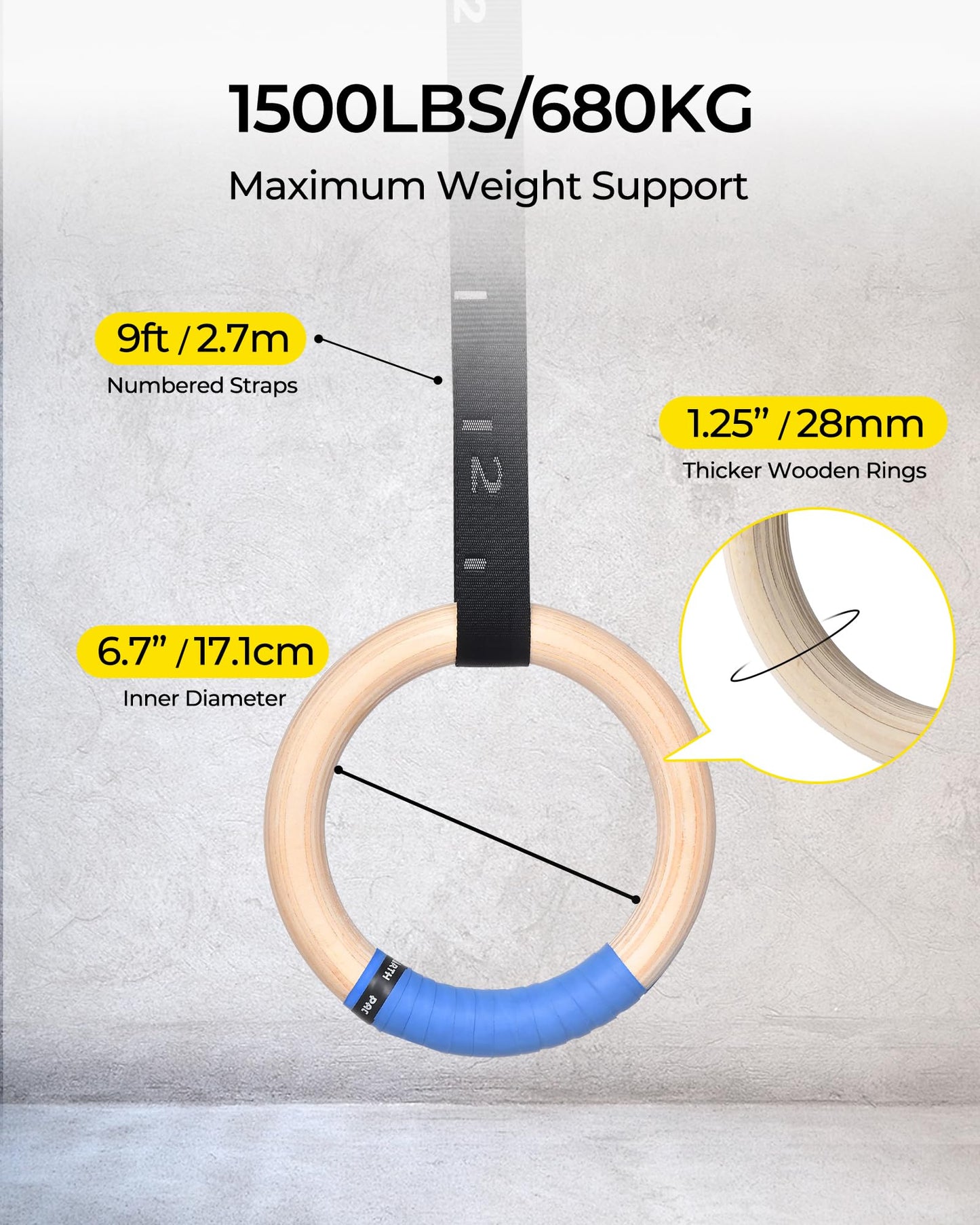PACEARTH Gymnastics Rings Wooden Olympic Rings 1500/1000lbs with Adjustable Cam Buckle 14.76ft/9ft Long Straps with Scale Non-Slip Gym Rings for Home Gym Full Body Workout