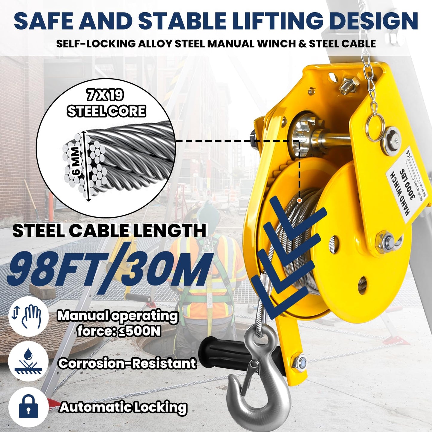 Confined Space Tripod Kit, 2200 Lbs Winch, Adjustable 7' Legs & 98' Cable, Steel Confined Space Rescue Tripod with 33' Fall Protection/Harness/8' Protection Chain for Confined Spaces Safety