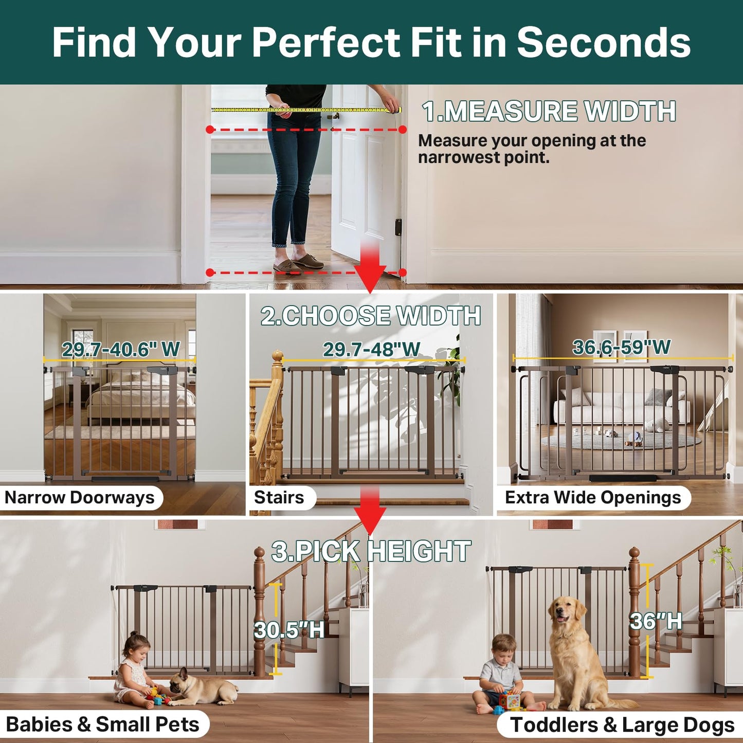 Cumbor 29.7-48" Baby Gate for Stairs, Mom's Choice Awards Winner-Dog Gate for Doorways, Auto Close Safety Pet Gate for Dogs Indoor, Easy Install Pressure Mounted Child Gate with Walk Thru Door, Brown