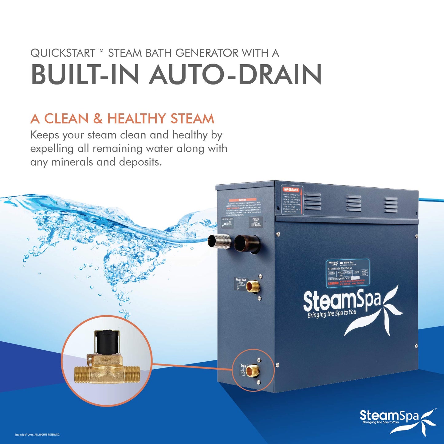 SteamSpa 9kW Steam Sauna Generator Executive Bundle 240V Steam Generator with Touch Pad, Steamheads, Pressure Relief Valve, Built-in Auto Drain, LED Light, Filter and Quick Install Kit EXT900CH-A