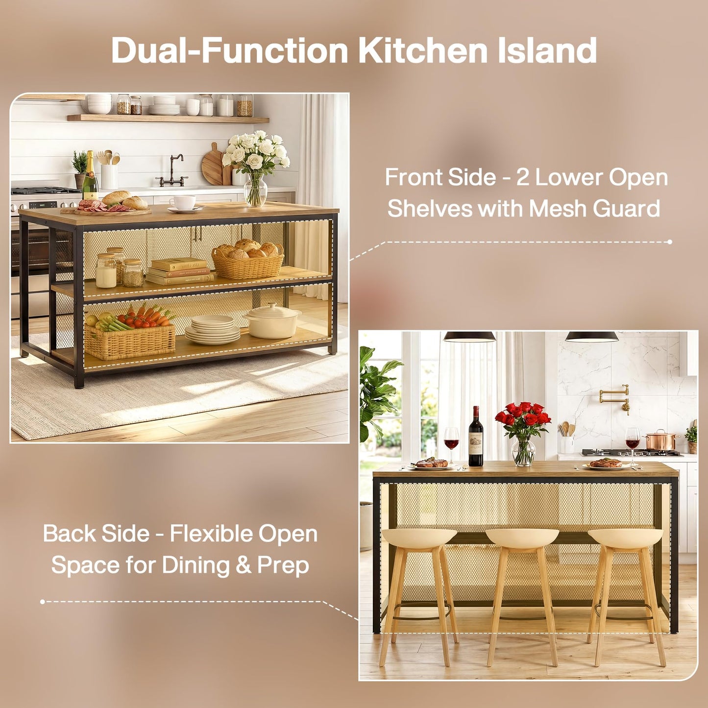 Tribesigns 63" Kitchen Island, Industrial Bar Table with Storage Shelves & Seating, Modern Farmhouse High Top Kitchen Dining Table with Metal Frame for Kitchen, Dining Room, Living Room, Bistro