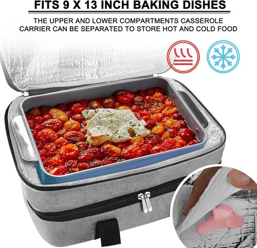 Esouler Double Insulated Casserole Carrier Bag - Hot & Cold Food Holder for 9 x 13 Inch Dishes | Grey