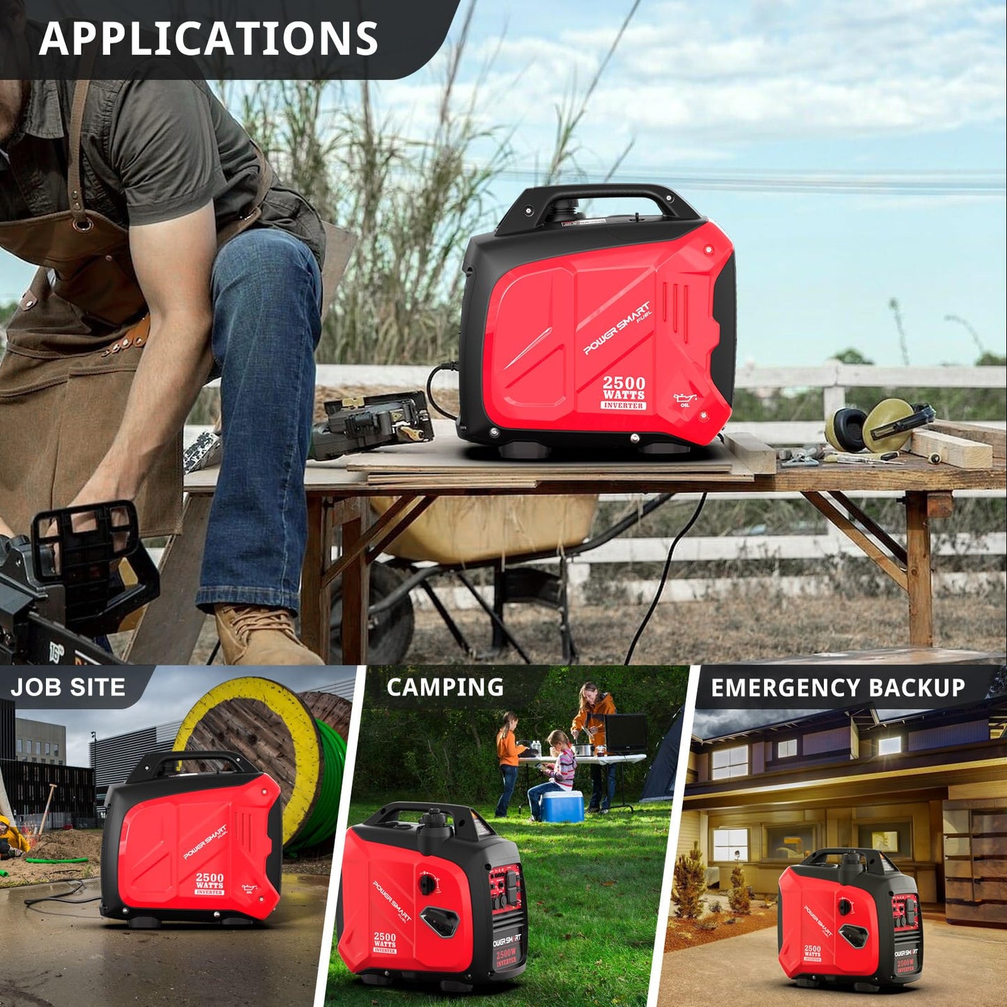 PowerSmart 2500-Watt Gas Powered Portable Inverter Generator, Super Quiet for Camping, Tailgating, Home Emergency Use, Ultra Lightweight, EPA Compliant