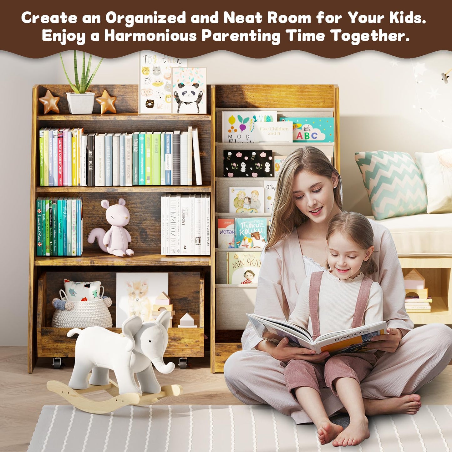 COZPAW Kids Bookshelf and Toy Storage, 4 Tier Toddler Bookshelf with Movable Drawer (Brown)