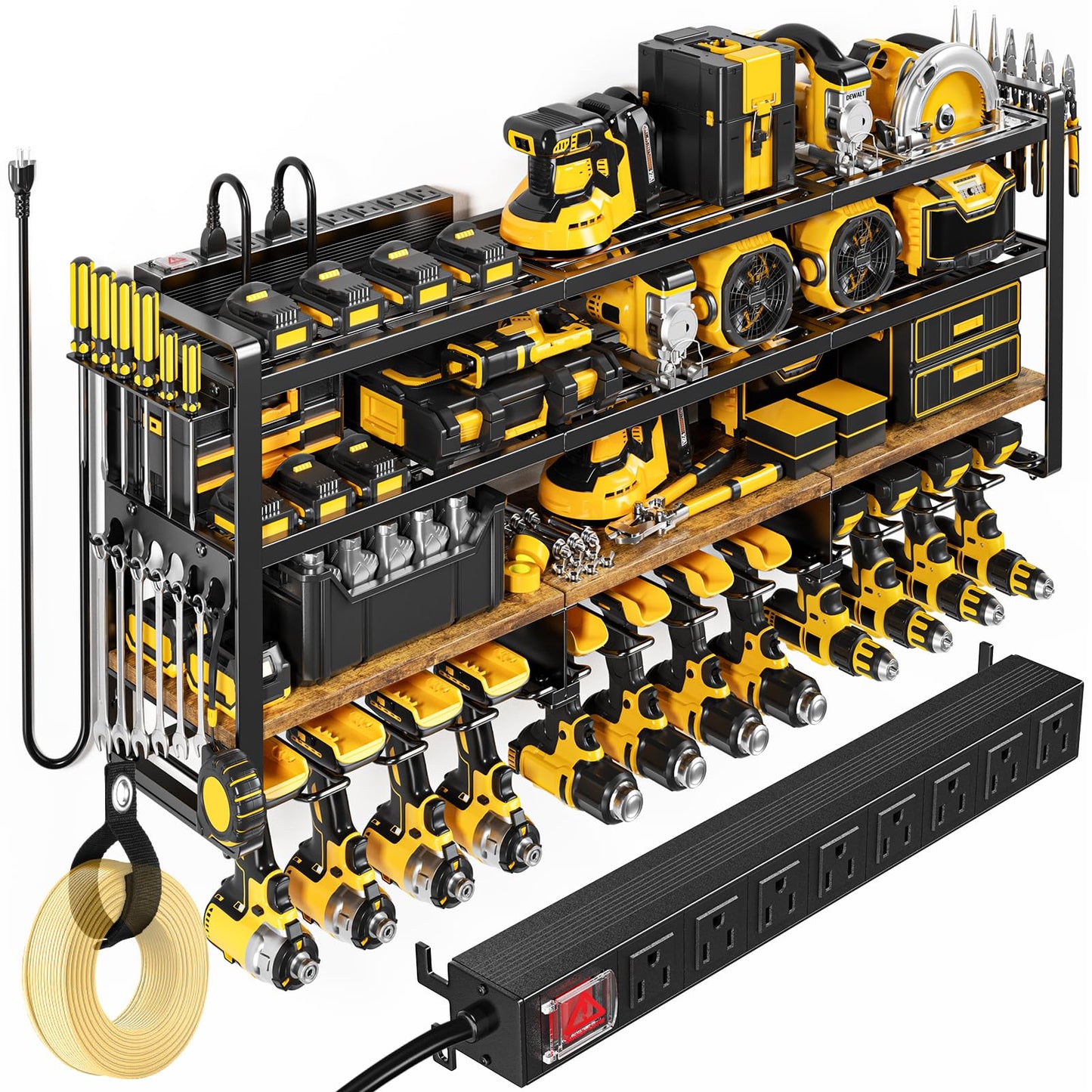 POKIPO 49.5" W Large Power Tool Organizer with Charging Station, 4 Layer Heavy Duty Utility Rack Loads 800lbs, Holds 12 Cordless Drills, Wall Mount Tool Shelf with 8-Outlet Power Strip, Gift for Men