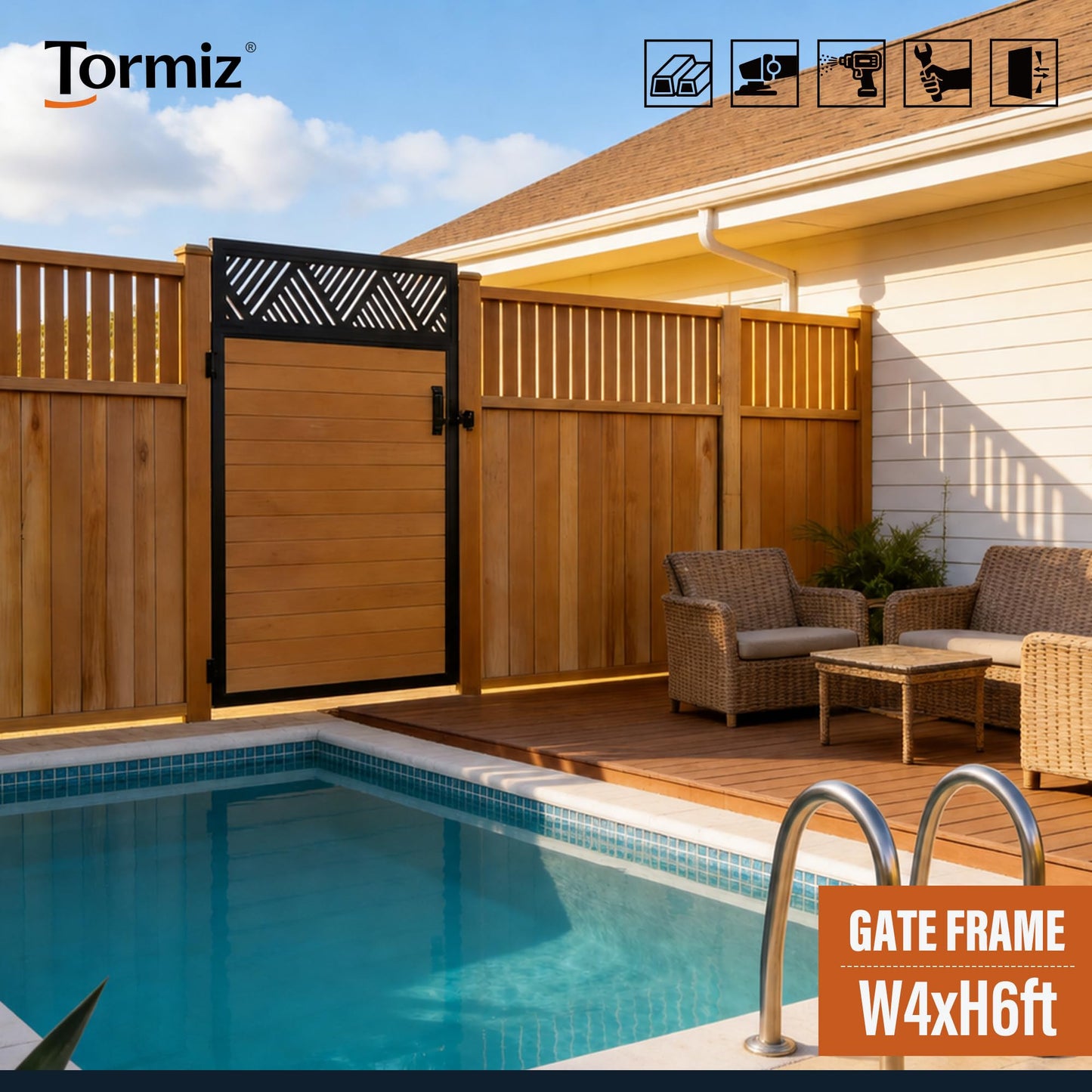 TORMIZ 4x6 FT (46.8"x70.8") 201 Stainless Steel Fence Gate Kit with Wood-Grain Aluminum Panels – Heavy Duty Anti-Sag Metal Gate Frame, Pre-Installed Left/Right Mount (All-in-One Kit, Panels Included)