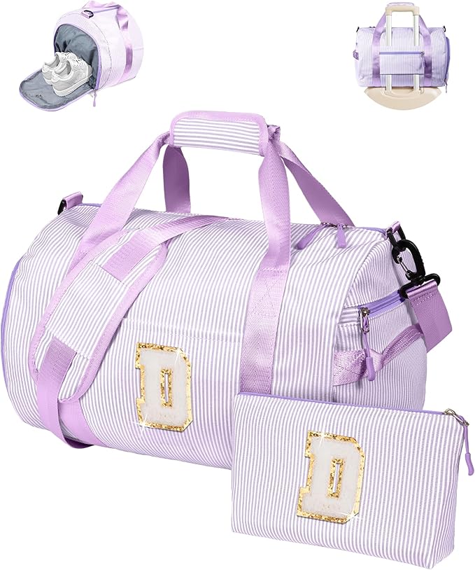 Sweet 16 Gifts for Girls, Girl Gym Bag, Kids Initial Overnight Duffel Bags with Shoe Compartment, Personalized Dance Bag with Makeup Pouch, 10 Year Old Girl Birthday Gifts (Letter D)