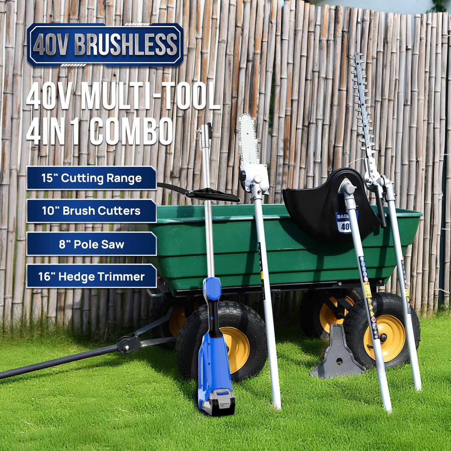 Wild Badger Power 40V Brushless Weed Wacker, String Trimmer/Edger, Hedge Trimmer and Brush Cutter Blade, Pole Saw, Attachment Capable 4-in-1 Multi-Tool Kit with 1 * 40V 4Ah Battery and 1*Charger