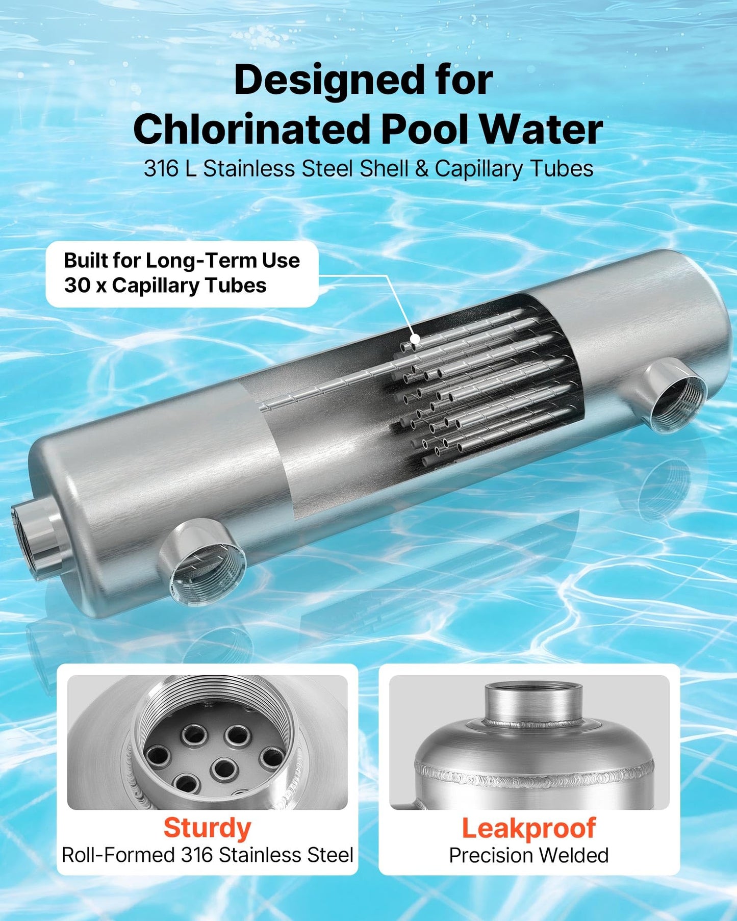 VEVOR Pool Heat Exchanger, 360K BTU Swimming Pool Heater Exchanger, 316L Stainless Steel Construction, High Efficiency Water to Water Transfer Heating System for Spa, Hot Tub, Indoor/Outdoor, Silver