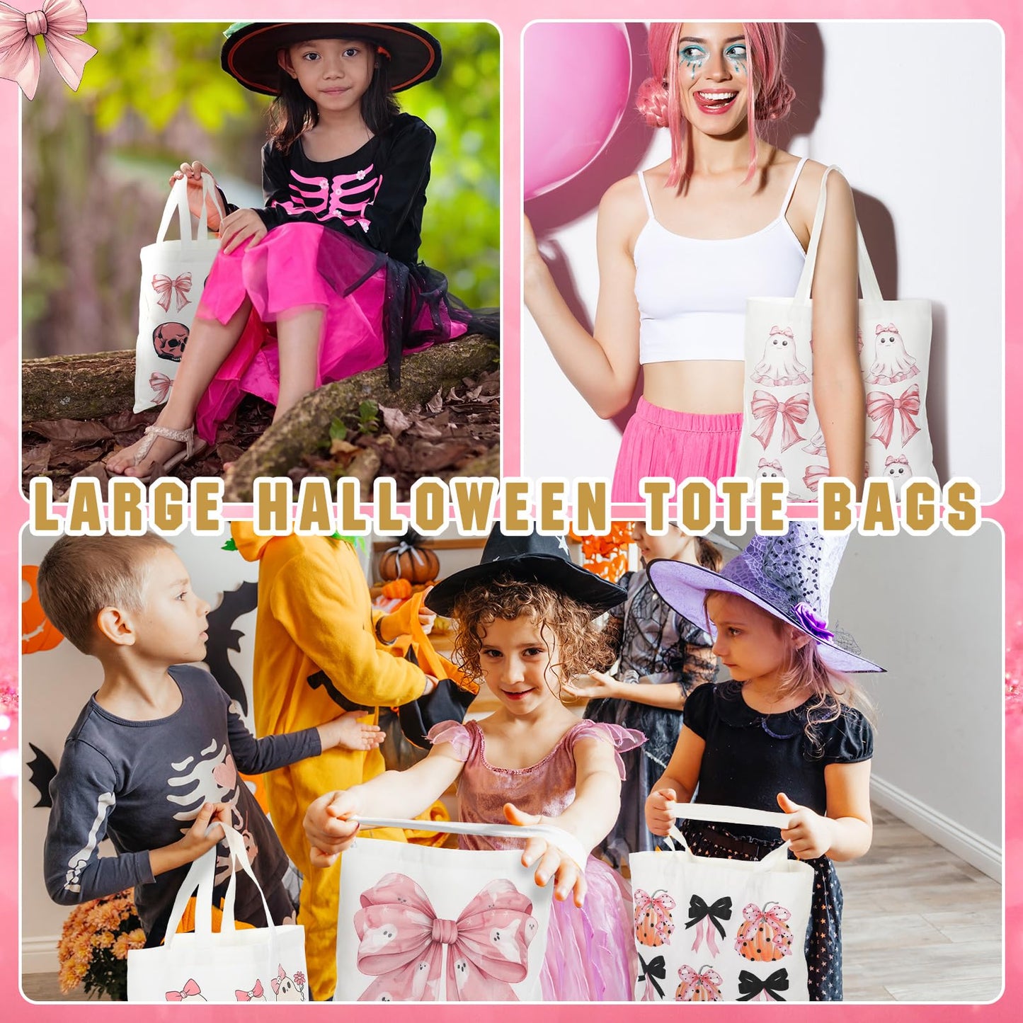 Kosiz 6 Pcs Halloween Tote Bags Bulk Pink Ghost Tote Reusable Trick or Treat Goodie Bags Cute Ghost Canvas with Handles for Halloween Bow Pumpkin Canvas Supplies Shopping Party Favors