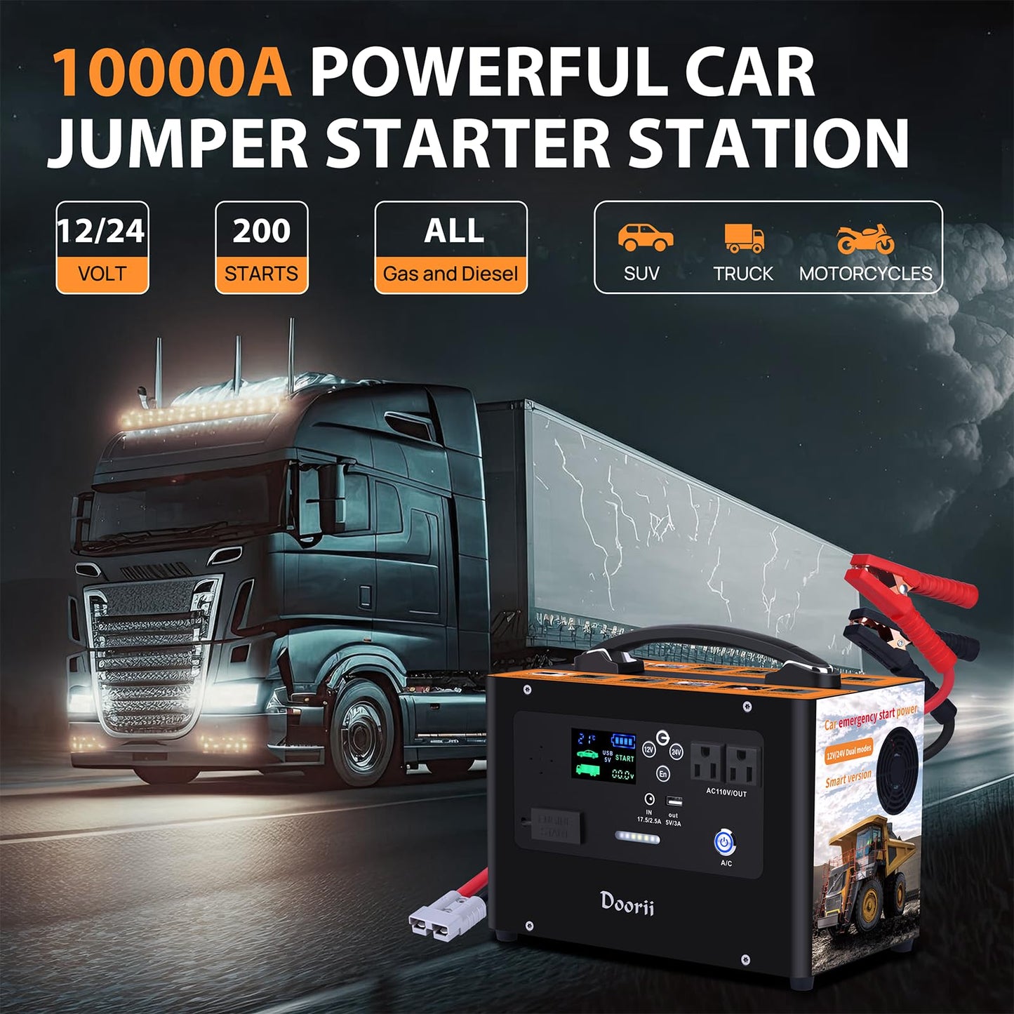 Doorii V10 10000A Car Jump Starter, Portable Power Station Backup Lithium Battery，12V/24V Heavy Duty Truck Jump Starter Battery Pack, Power Bank for Outdoors Camping Travel Hunting Blackout