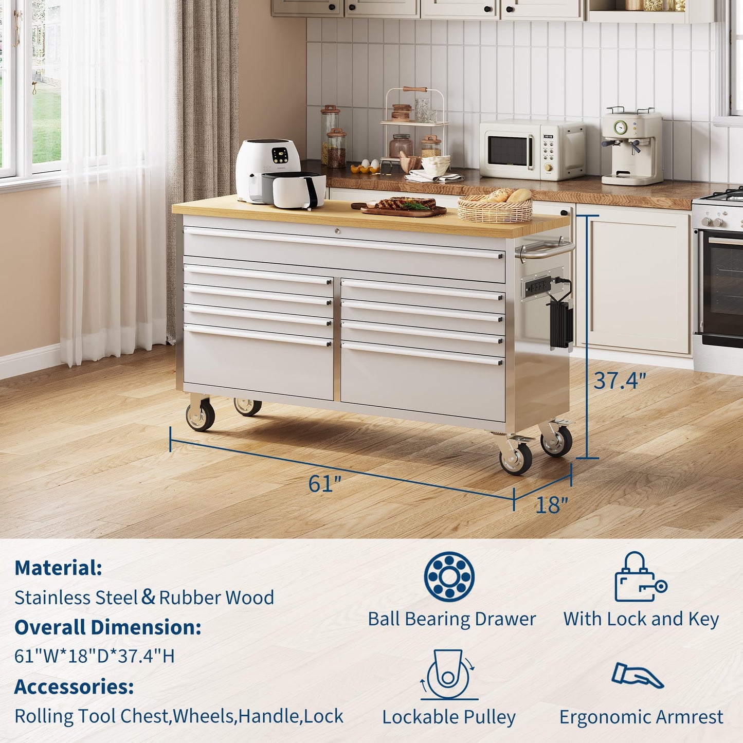 61-Inch Heavy-Duty Rolling Tool Chest & Mobile Workbench with 9 Drawers, Steel Storage Cabinet, Rubber Wood Tabletop, Key Locking System and Drawer Liners for Garage, Workshop, Repair Shop, Silver