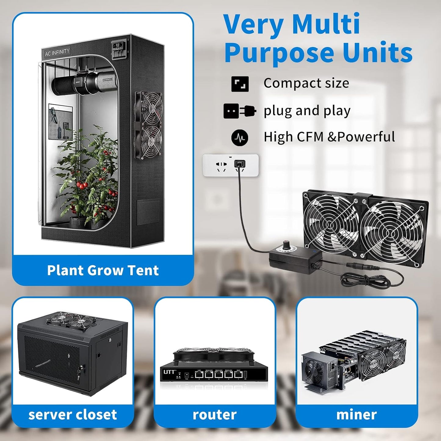 120mm 110V 240V Closet Dual High CFM Computer Fans with AC Plug, AC - Variable Speed Fan, Cooling for Server Cabinet